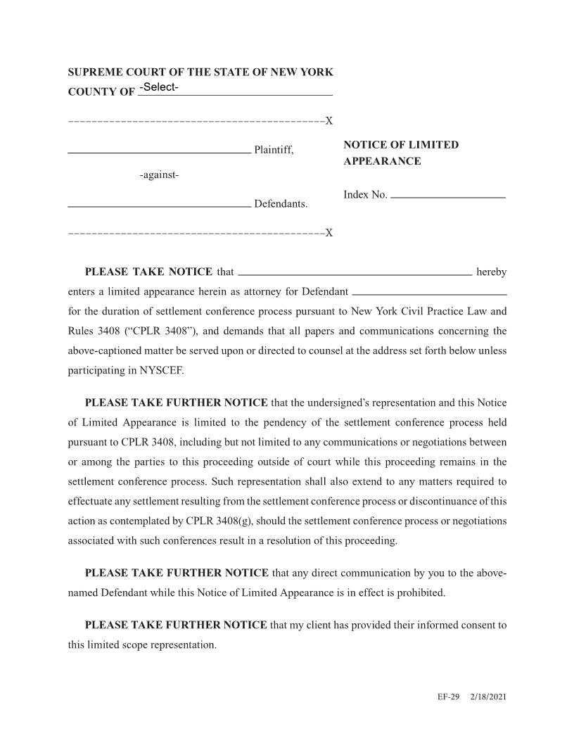 Notice Of Limited Appearance {EF-29} | Pdf Fpdf Docx | New York