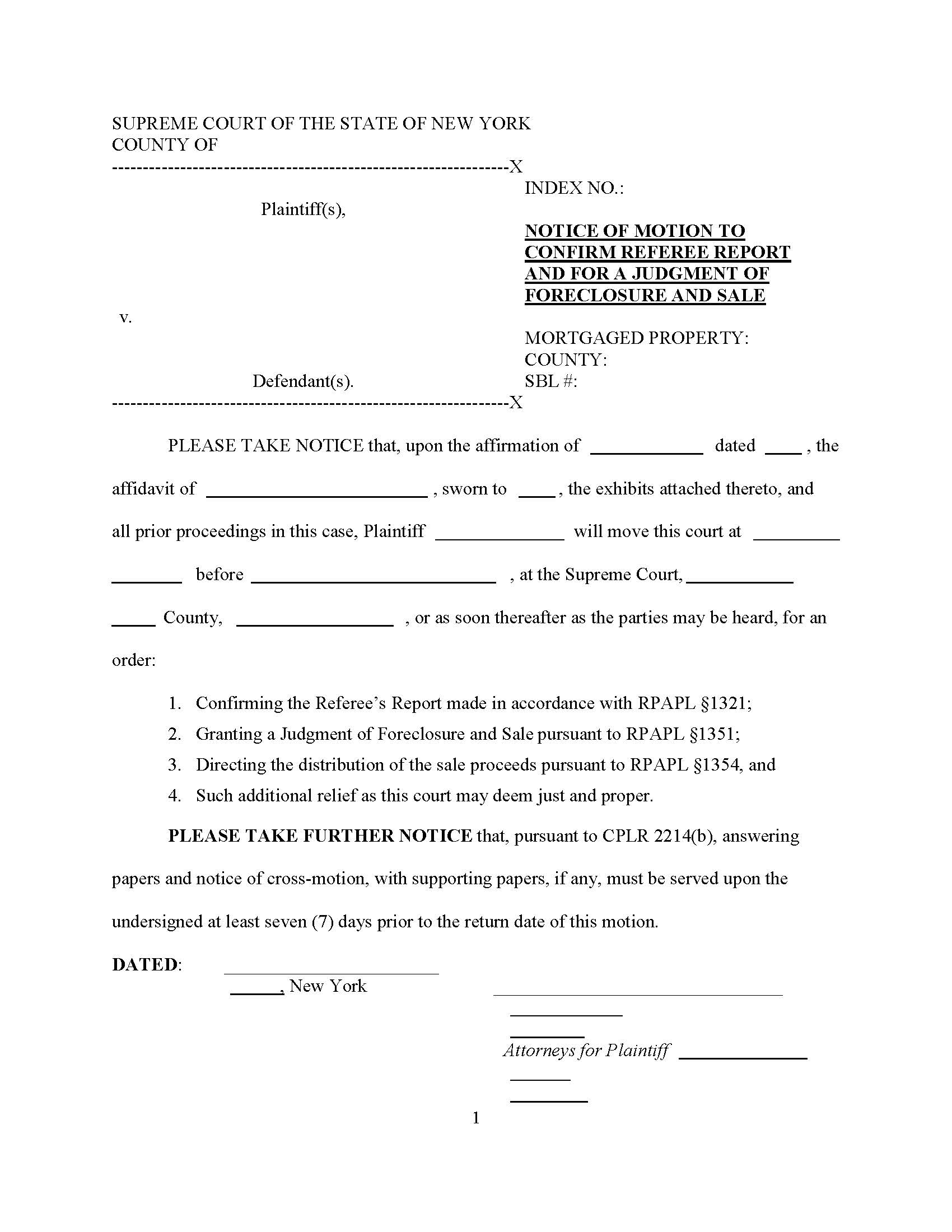Notice Of Motion Confirm Referee Report And Judgment Of Foreclosure | Pdf Fpdf Docx | New York