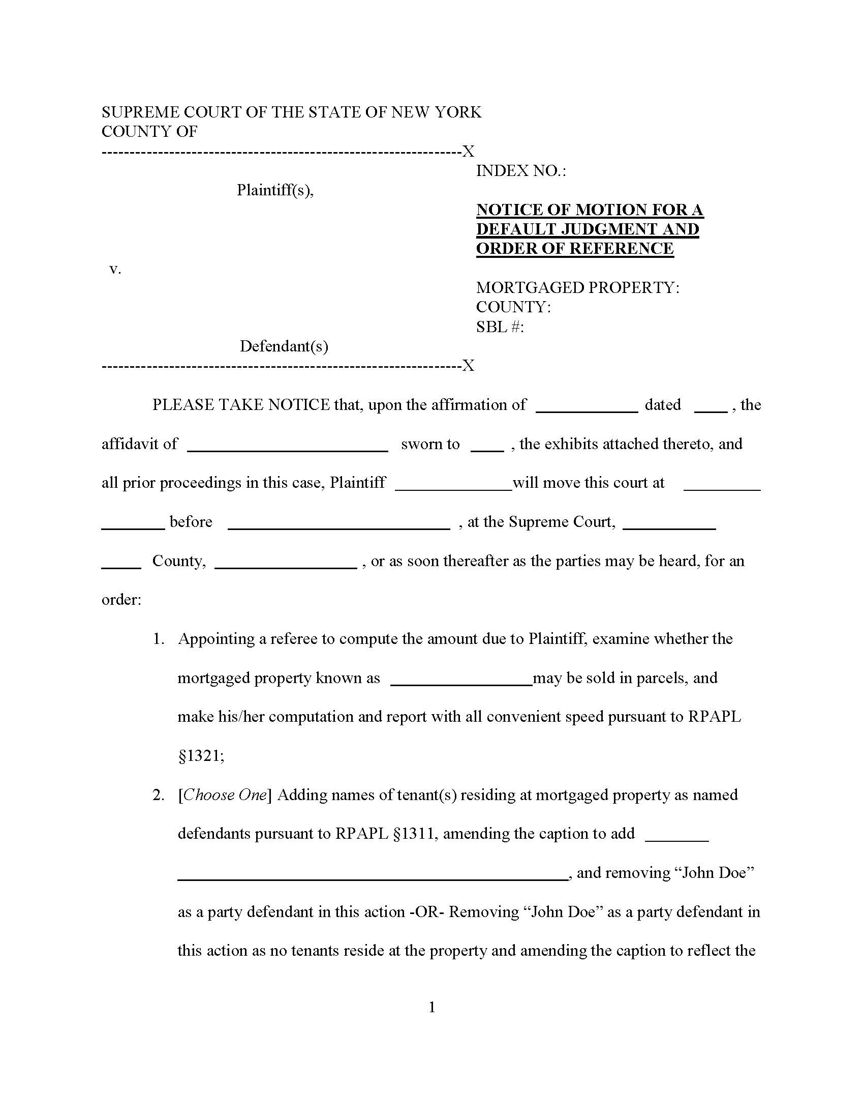 Notice Of Motion For Default Judgment And Order Of Reference (Foreclosure) | Pdf Fpdf Docx | New York