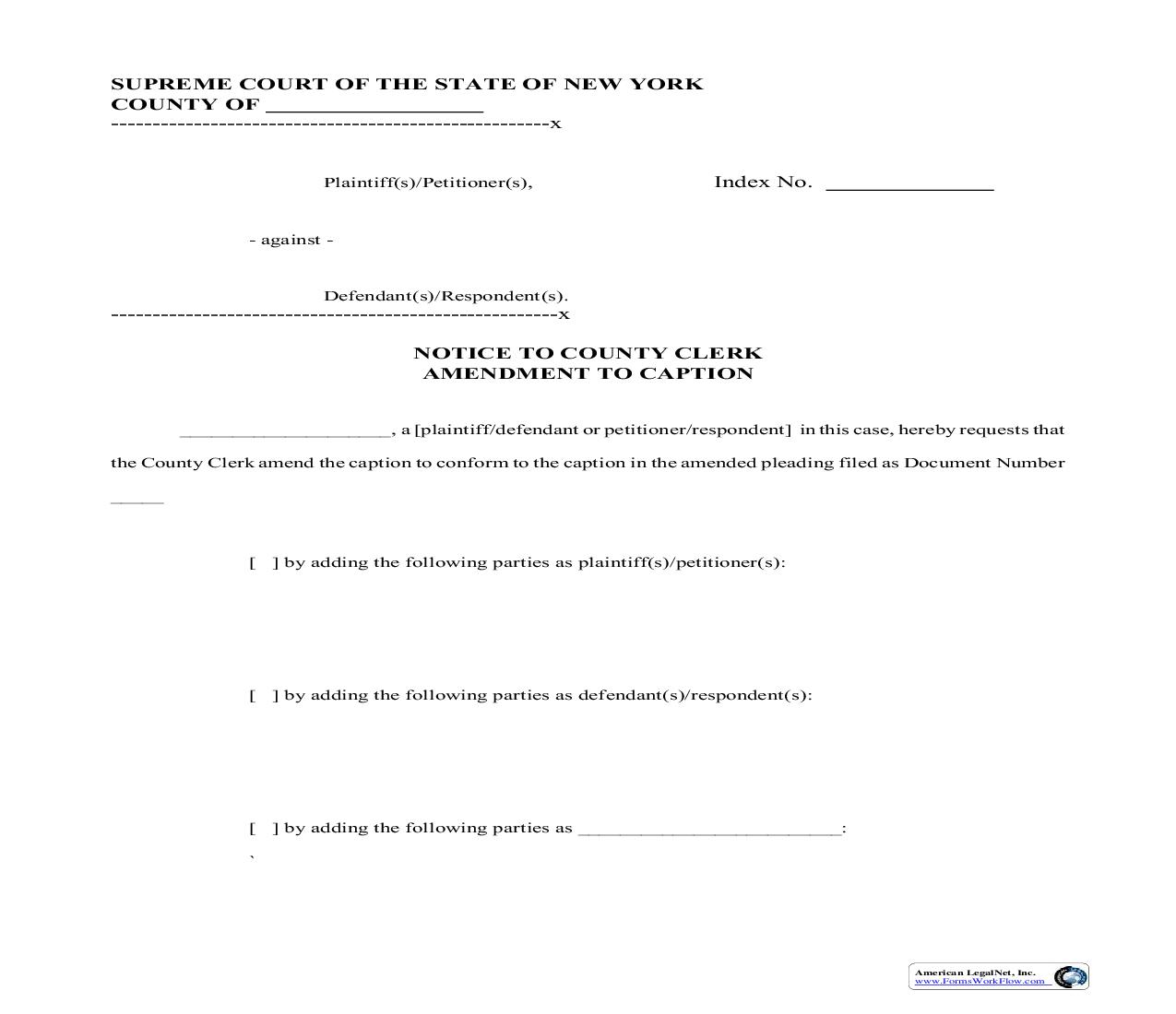 Notice To County Clerk Amendment To Caption | Pdf Fpdf Doc Docx | New York