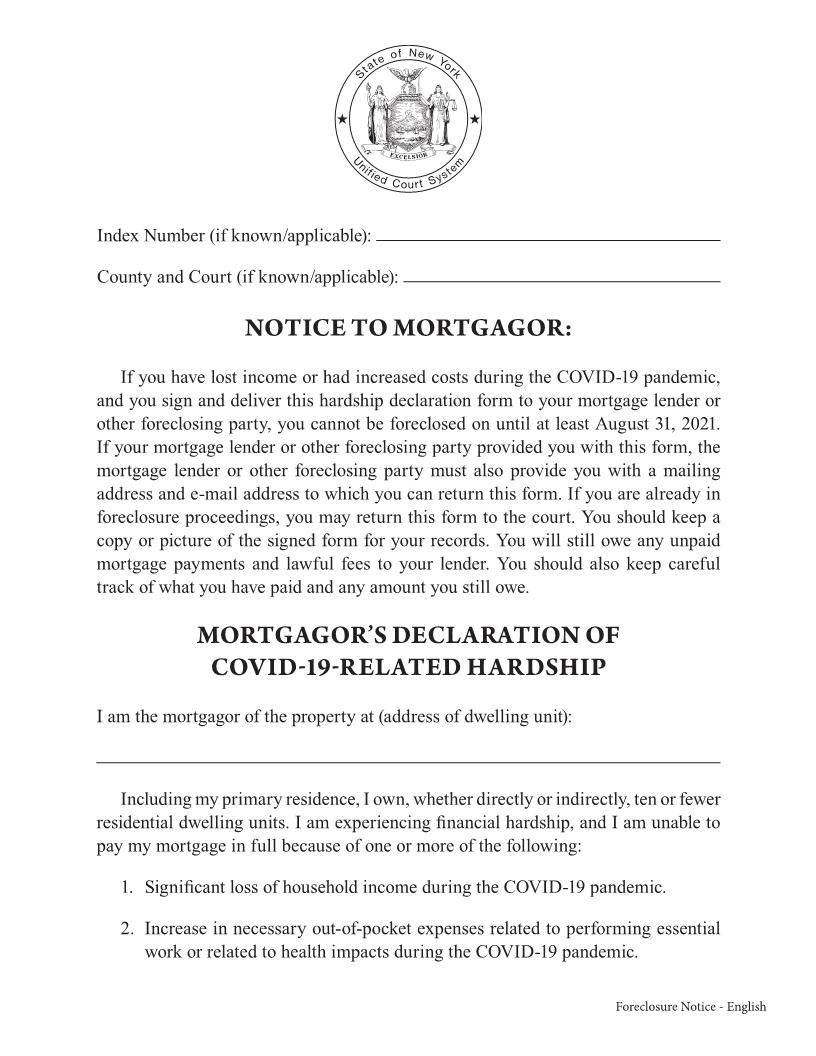 Notice To Mortgagor - Mortgagors Declaration Of COVID-19 Related Hardship | Pdf Fpdf Docx | New York