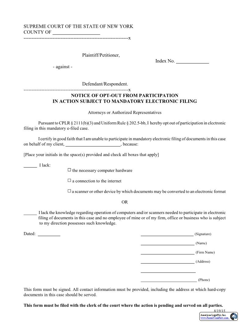 Notice of Opt-Out From Participation In Action Subject To Mandatory Electronic Filing {EFM-2} | Pdf Fpdf Docx | New York