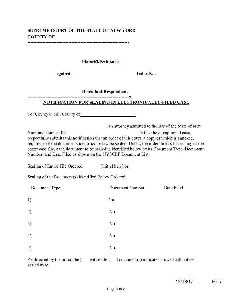 Notification For Sealing In Electronically-Filed Case {EF-7} | Pdf Fpdf Docx | New York