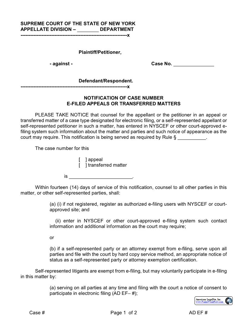 Notification Of Case Number E-Filed Appeals Or Transferred Matters | Pdf Fpdf Docx | New York