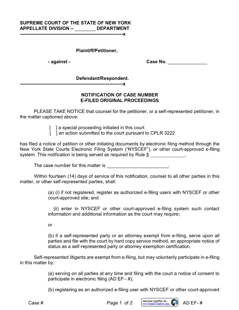 Notification Of Case Number E-Filed Original Proceedings | Pdf Fpdf Docx | New York