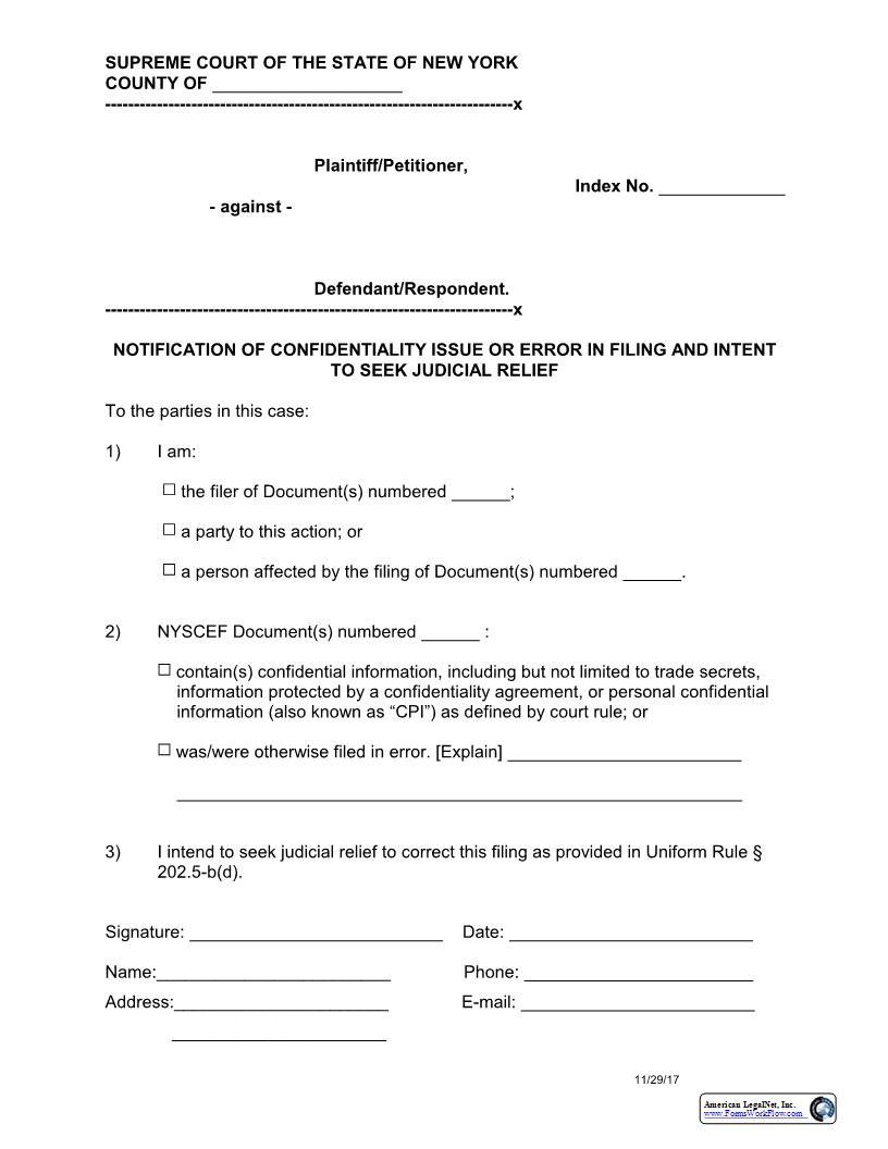Notification Of Confidentiality Issue Or Error In Filing And Intent To Seek Judicial Relief | Pdf Fpdf Docx | New York