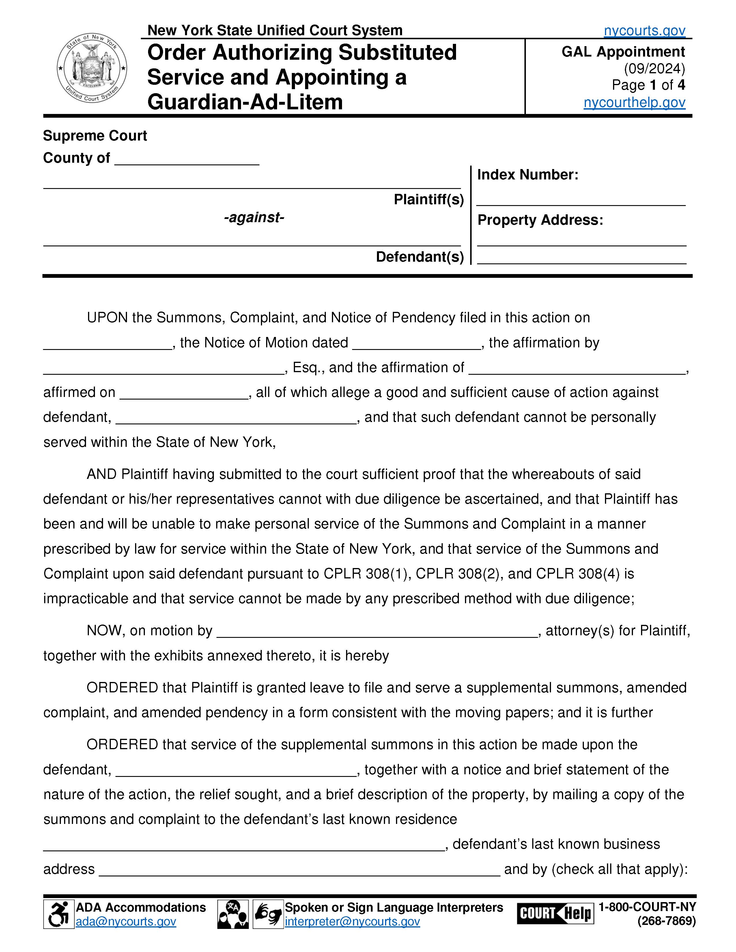 Order Authorizing Substituted Service And Appointing Guardian Ad Litem  | Pdf Fpdf Docx | New York