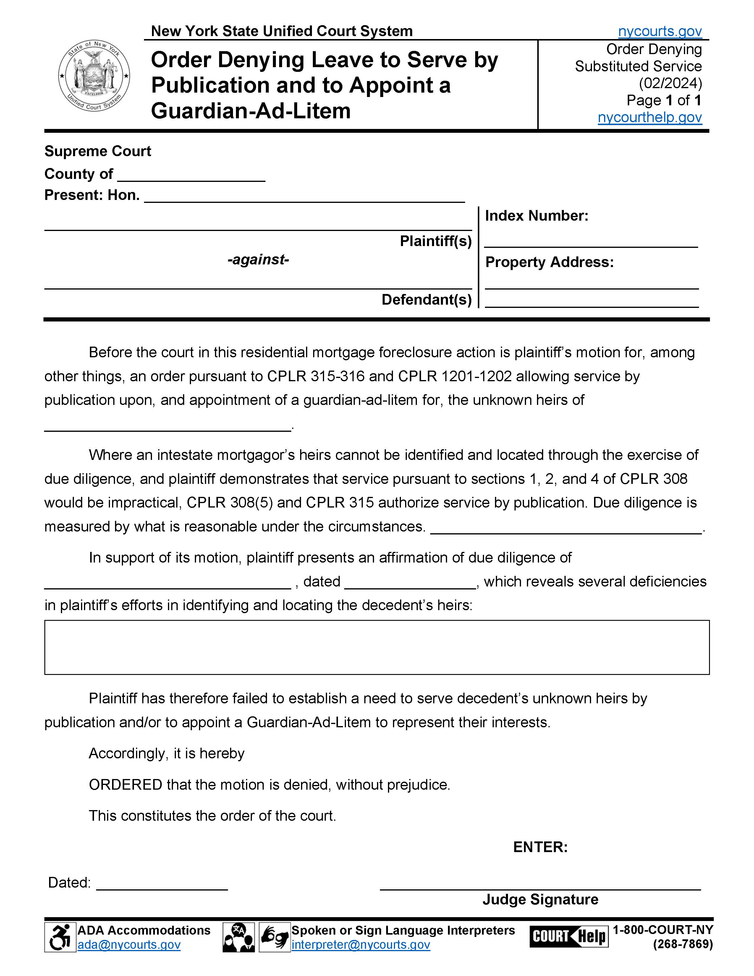Order Denying Leave To Serve By Publication And To Appoint Guardian Ad Litem | Pdf Fpdf Docx | New York