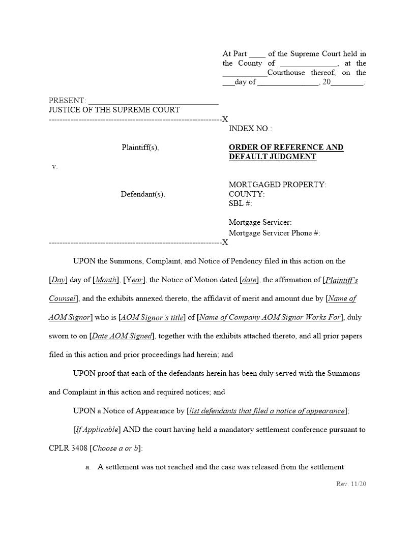 Order Of Reference And Default Judgment (Foreclosure) | Pdf Fpdf Docx | New York