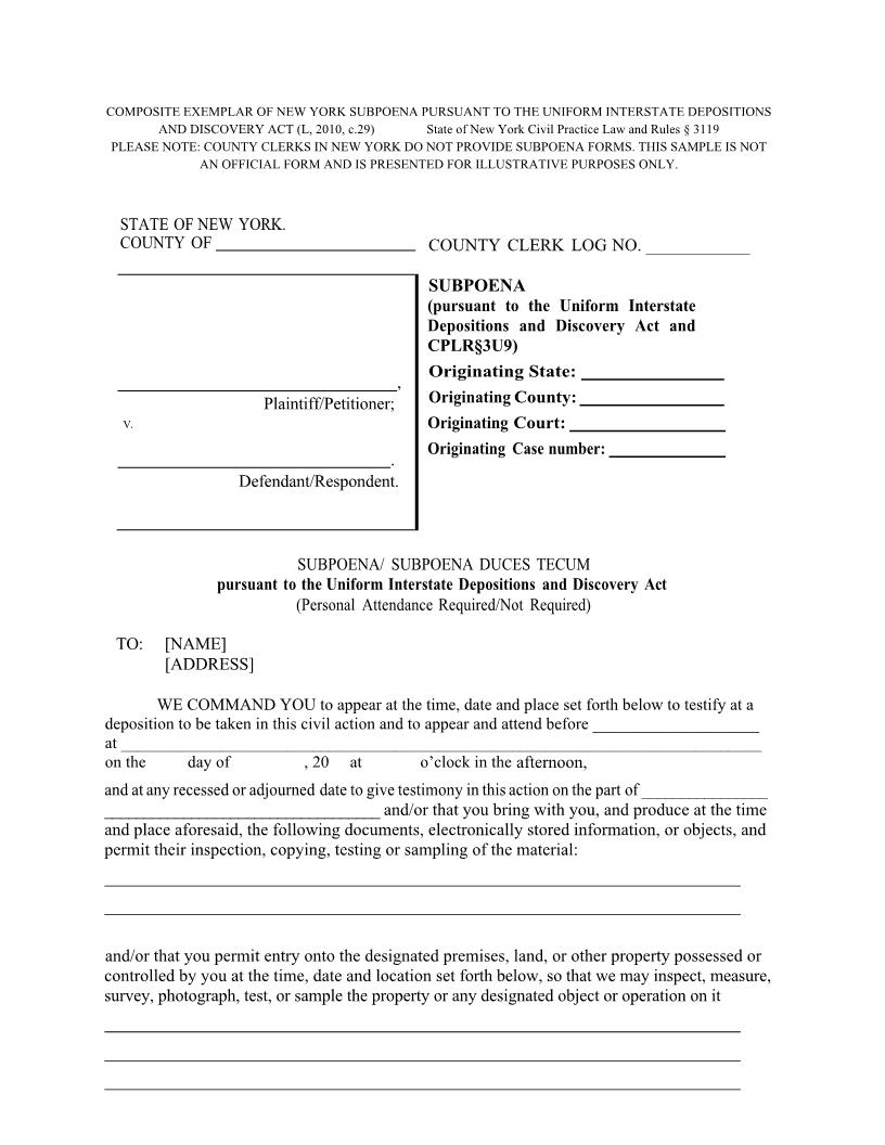 Out Of State Subpoena-Subpoena Duces Tecum (Template) | Pdf Fpdf Docx | New York