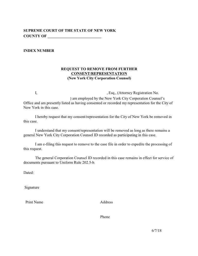 Request To Remove From Further Consent-Representation (New York City Corporation Counsel) | Pdf Fpdf Docx | New York