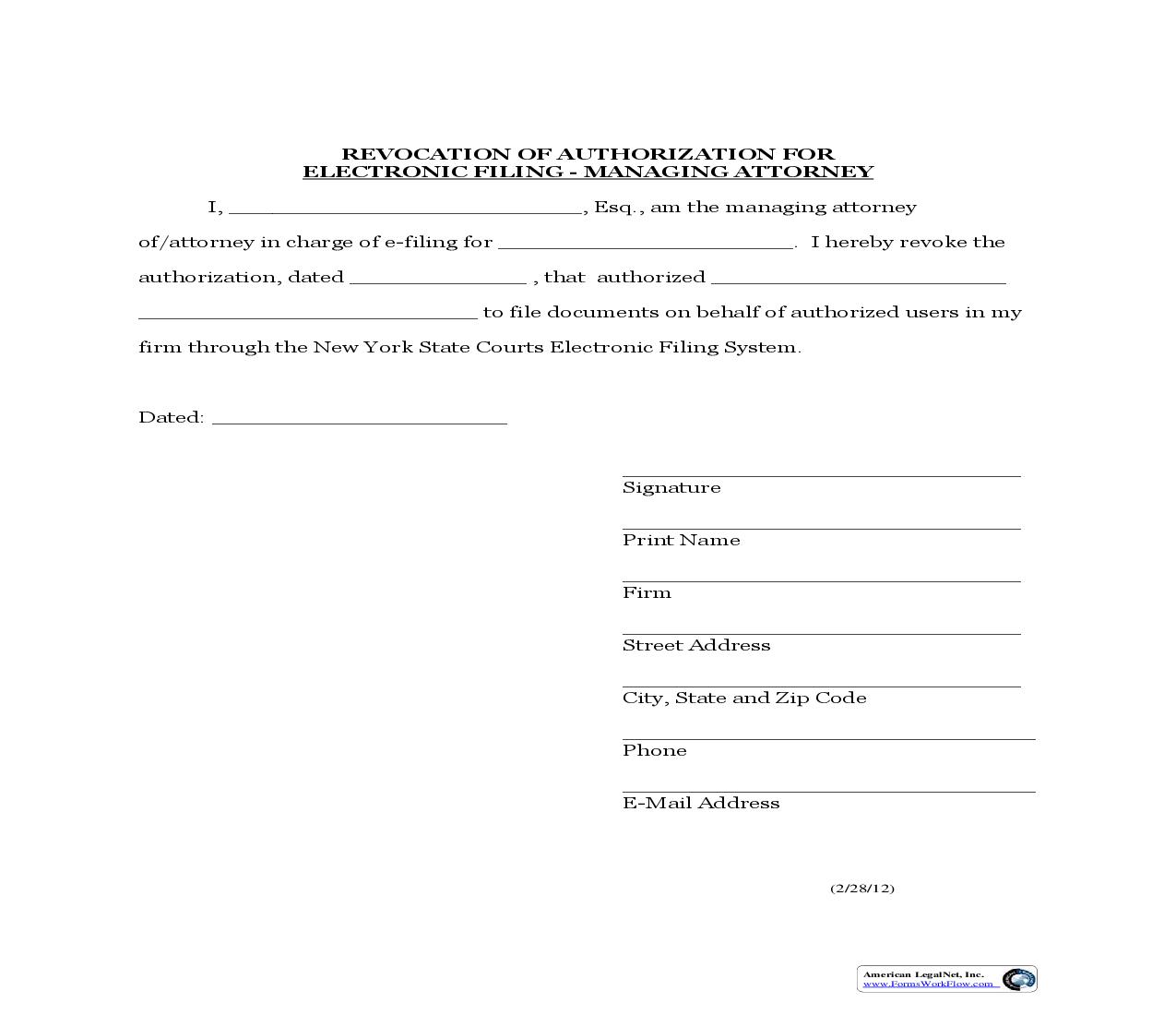 Revocation Of Authorization For Electronic Filing - Managing Attorney | Pdf Fpdf Doc Docx | New York
