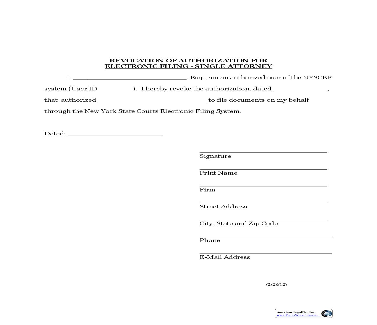 Revocation Of Authorization For Electronic Filing - Single Attorney | Pdf Fpdf Doc Docx | New York