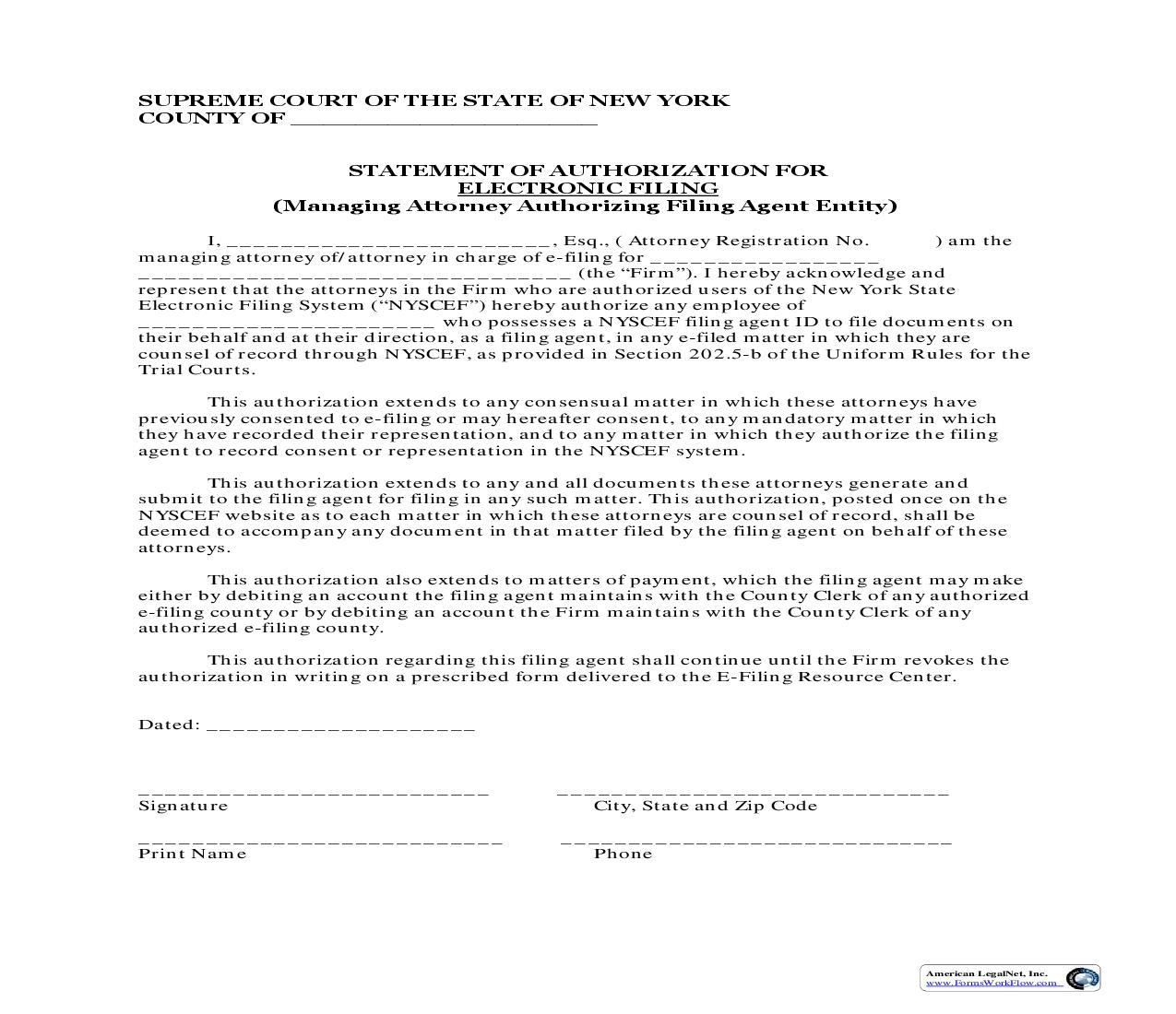 Statement Of Authorization For Electronic Filing (Managing Attorney Authorizing Filing Agent Entity) | Pdf Fpdf Doc Docx | New York