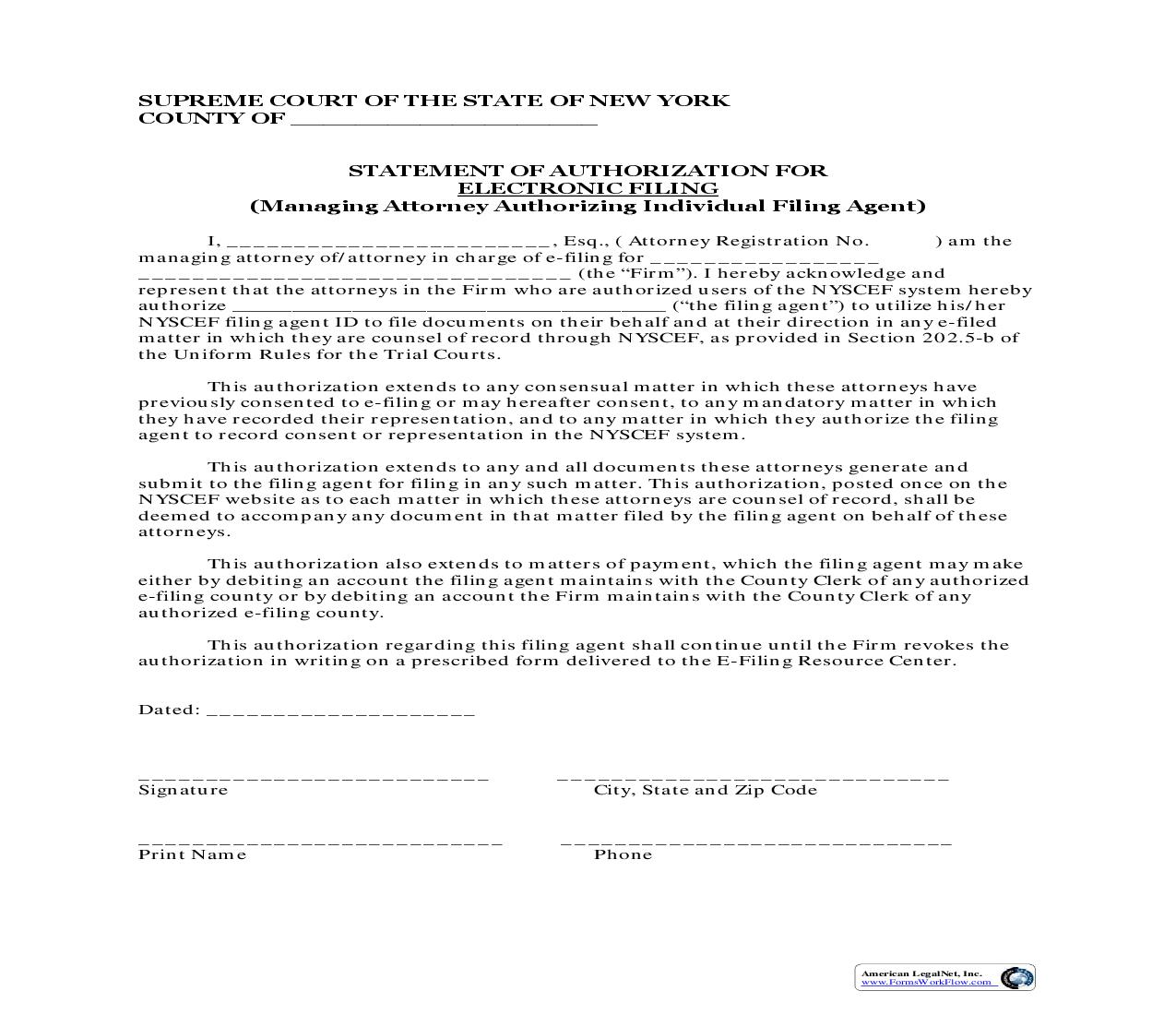 Statement Of Authorization For Electronic Filing (Managing Attorney Authorizing Individual Filing Agent) | Pdf Fpdf Doc Docx | New York