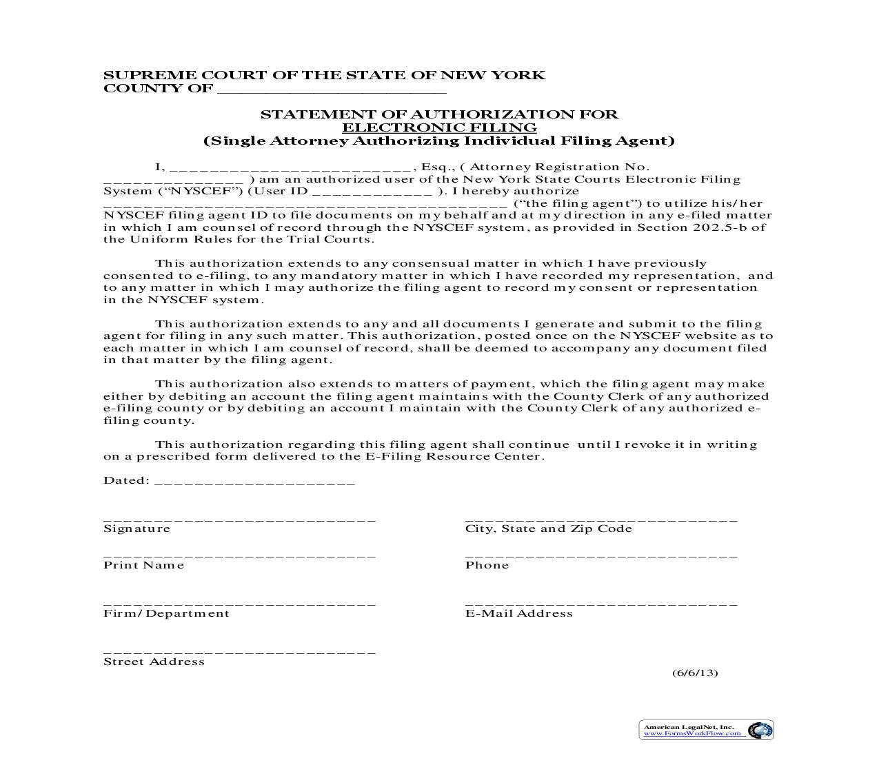 Statement Of Authorization For Electronic Filing (Single Attorney Authorizing Individual Filing Agent) | Pdf Fpdf Doc Docx | New York