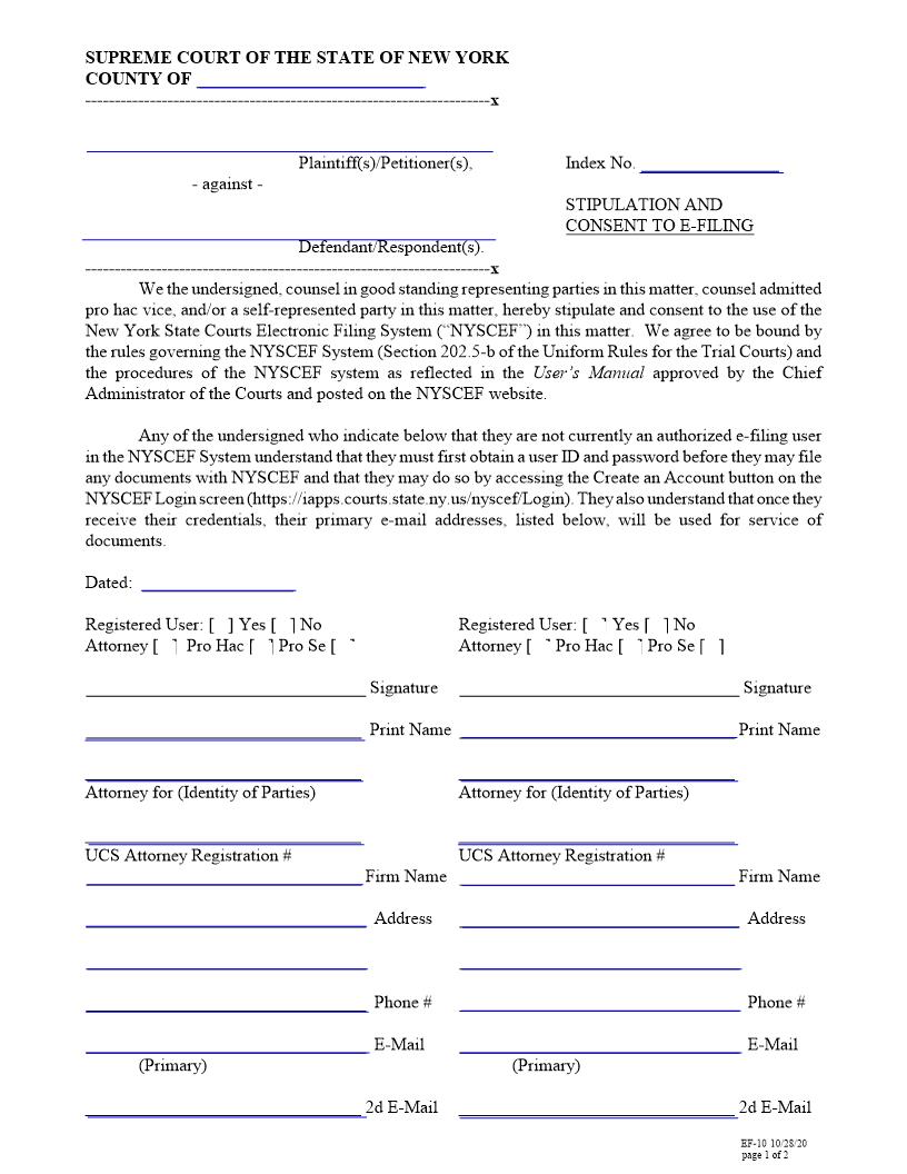 Stipulation And Consent To E-Filing {EF-10} | Pdf Fpdf Doc Docx | New York