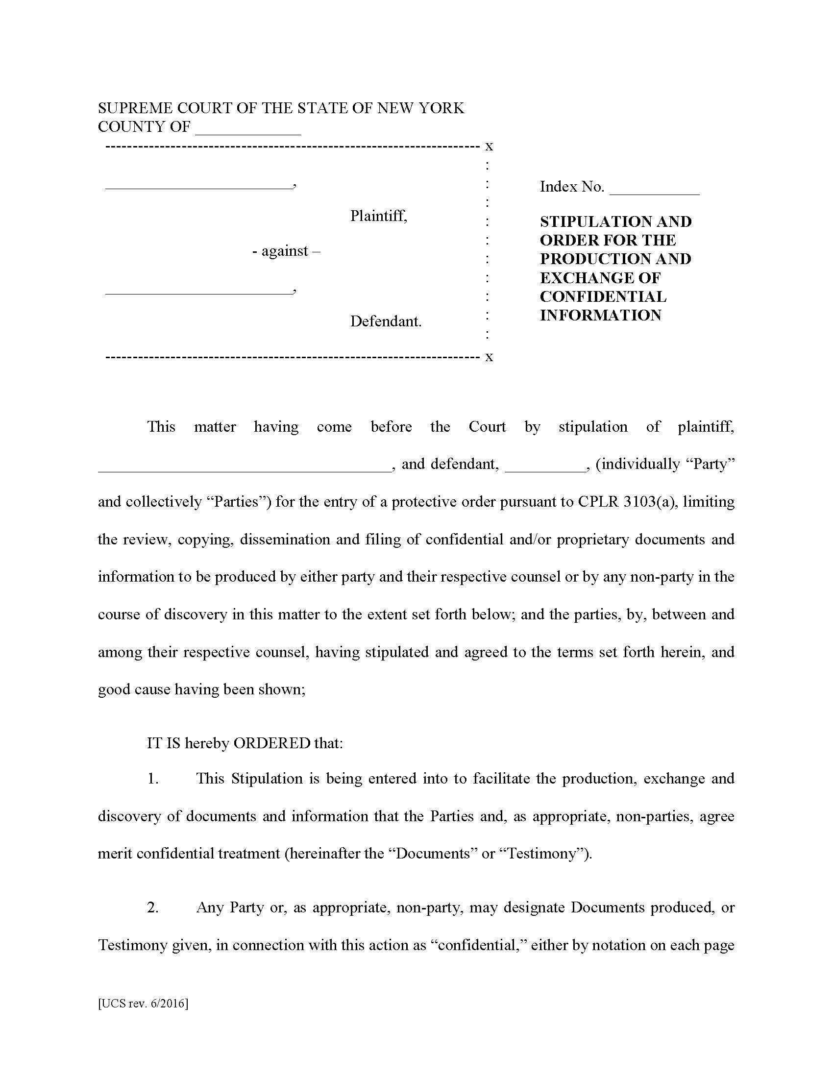 Stipulation And Order For Production And Exchange Of Confidential Information | Pdf Fpdf Docx | New York