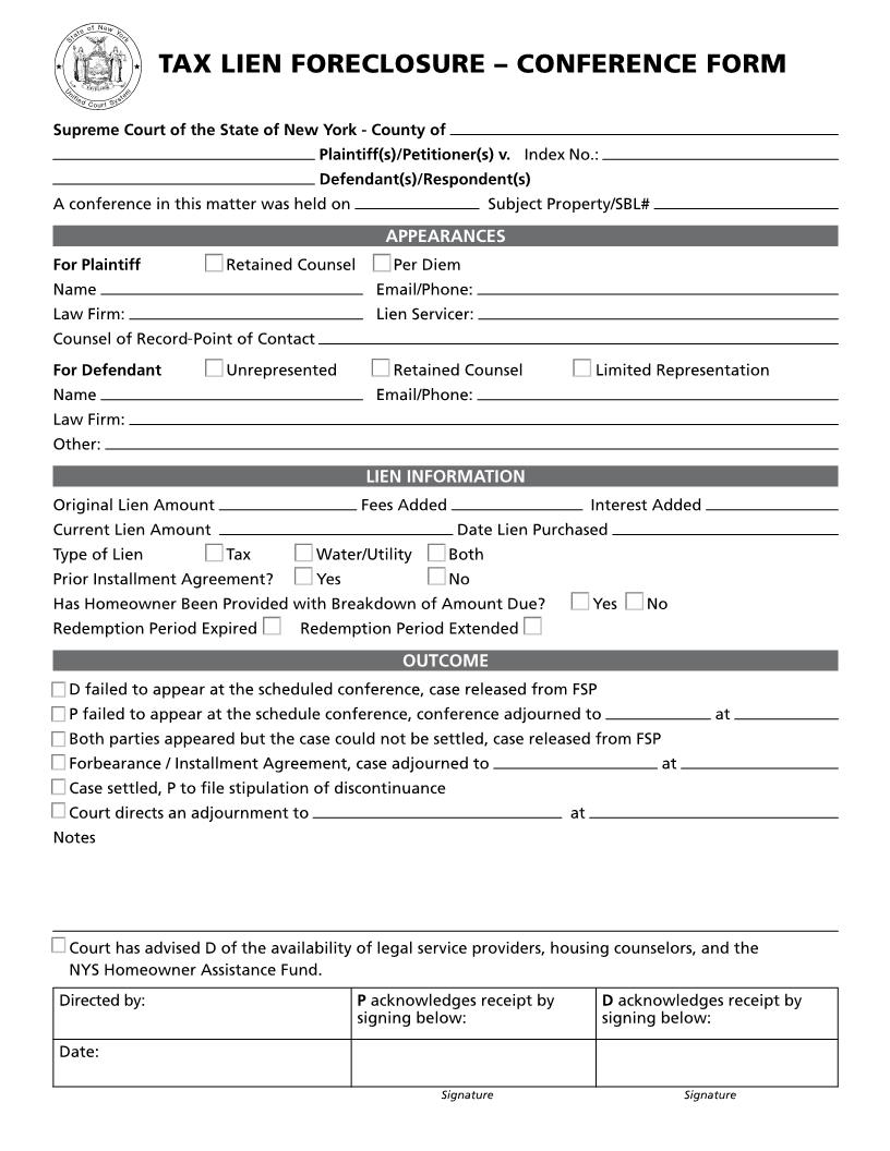 Tax Lien Foreclosure Conference Form {NYSC TLFC} | Pdf Fpdf Docx | New York