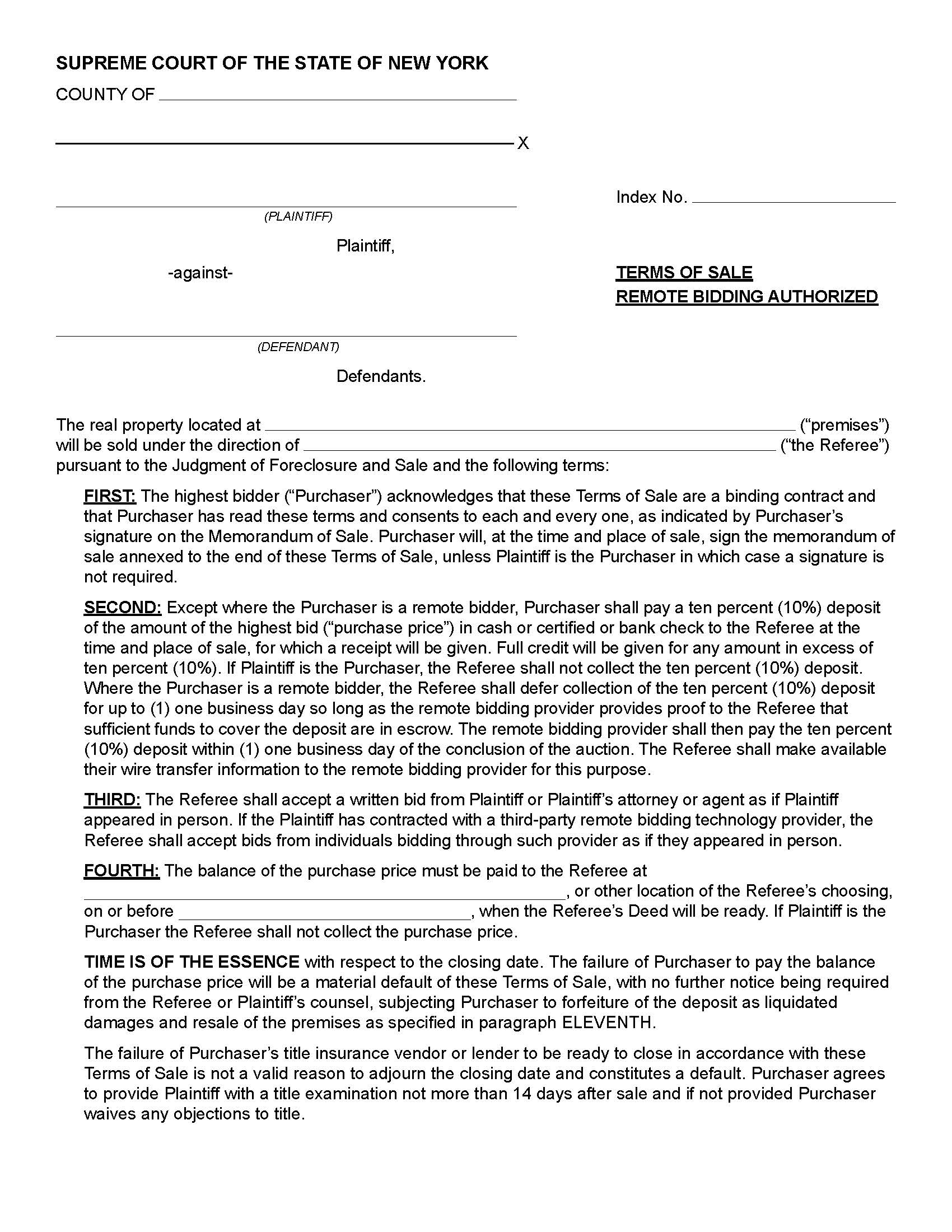 Terms Of Sale Remote Bidding Authorized (Foreclosure) | Pdf Fpdf Docx | New York