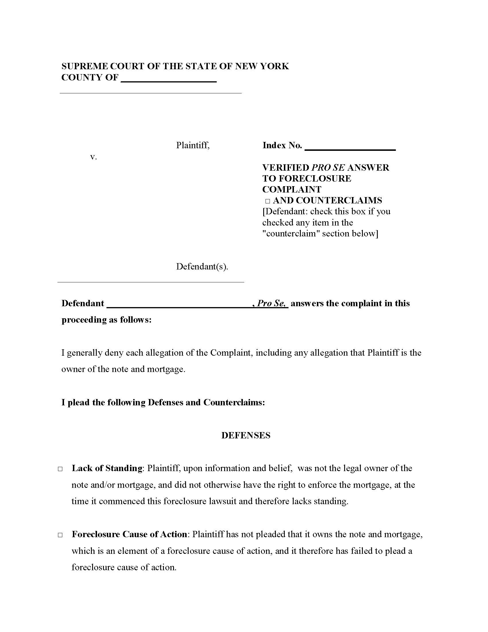 Verified Pro Se Answer To Foreclosure Complaint (And Counterclaims) | Pdf Fpdf Docx | New York