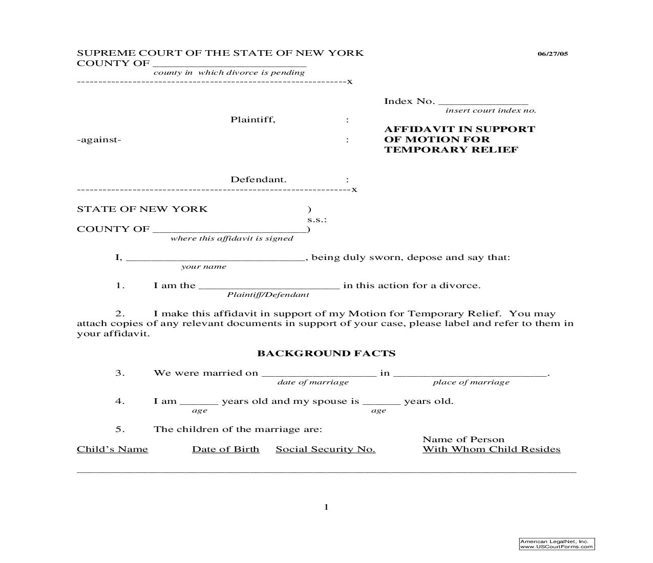 Affidavit In Support Of Motion For Temporary Relief | Pdf Fpdf Doc Docx | New York