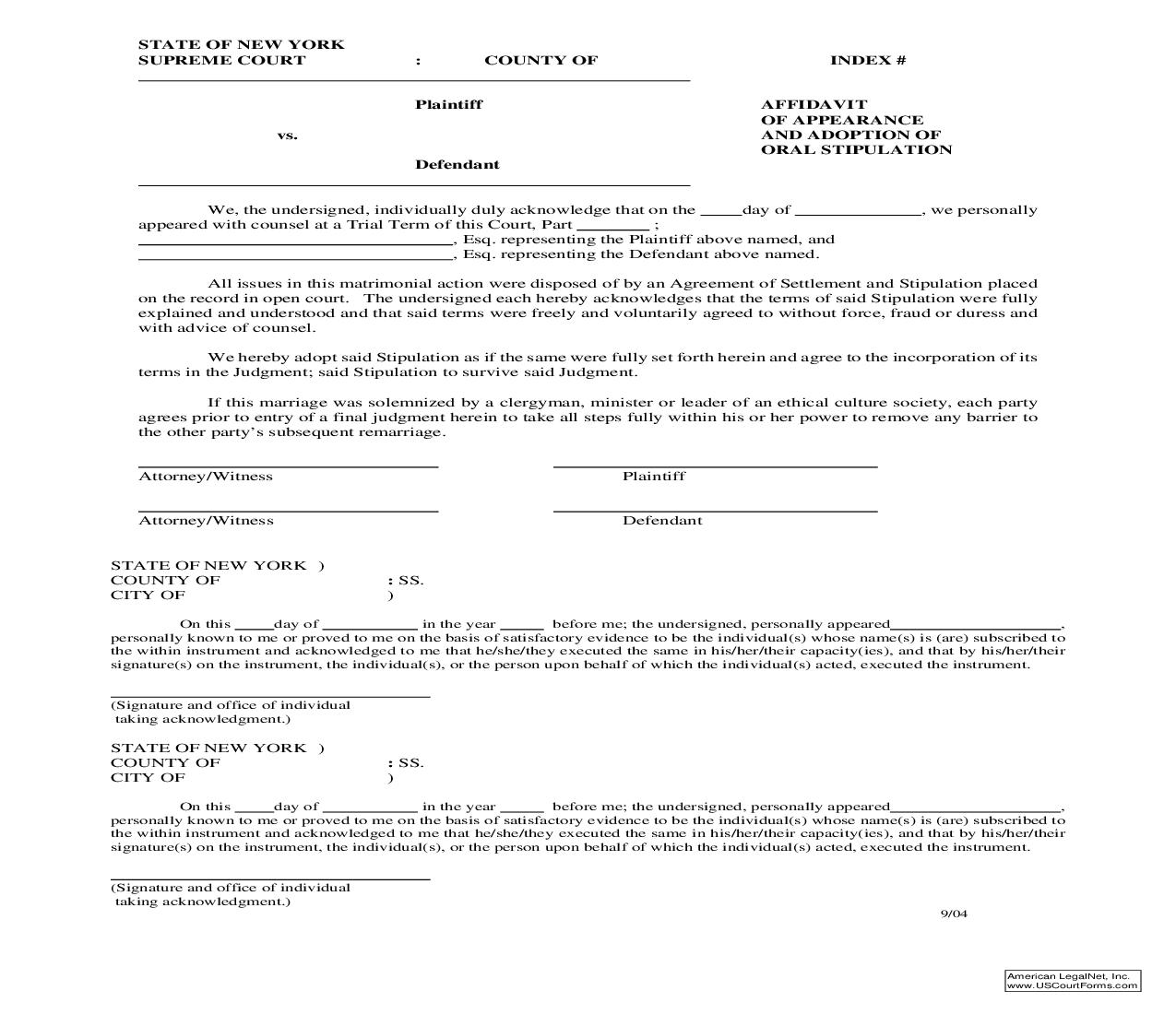 Affidavit Of Appearance And Adoption Of Oral Stipulation | Pdf Fpdf Doc Docx | New York