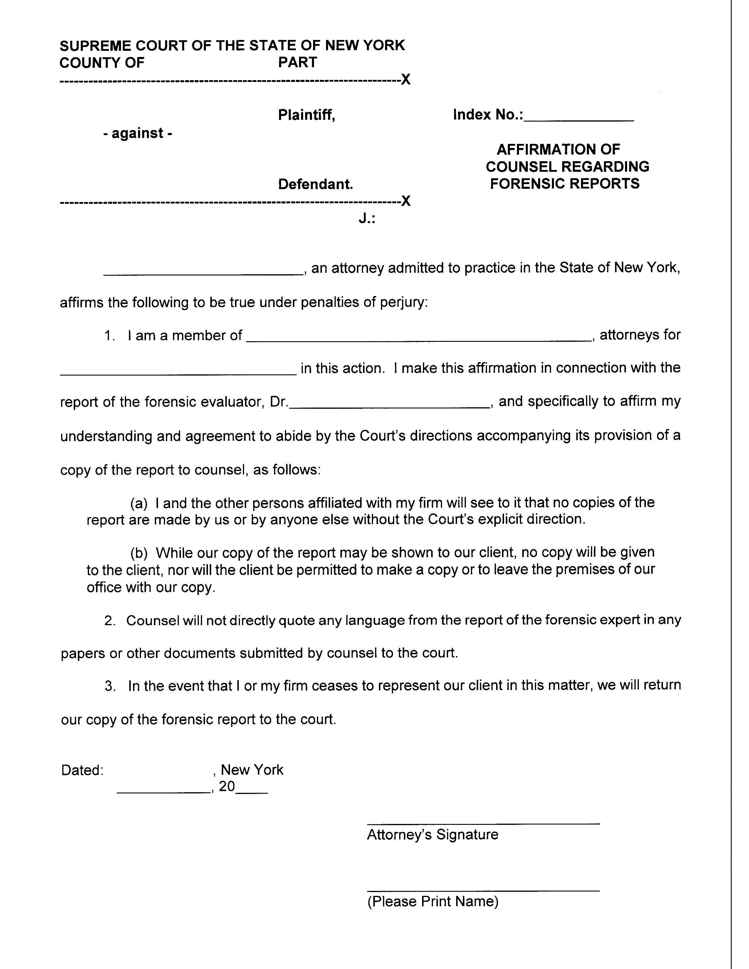 Affirmation Of Counsel Regarding Forensic Reports | Pdf Fpdf Doc Docx | New York