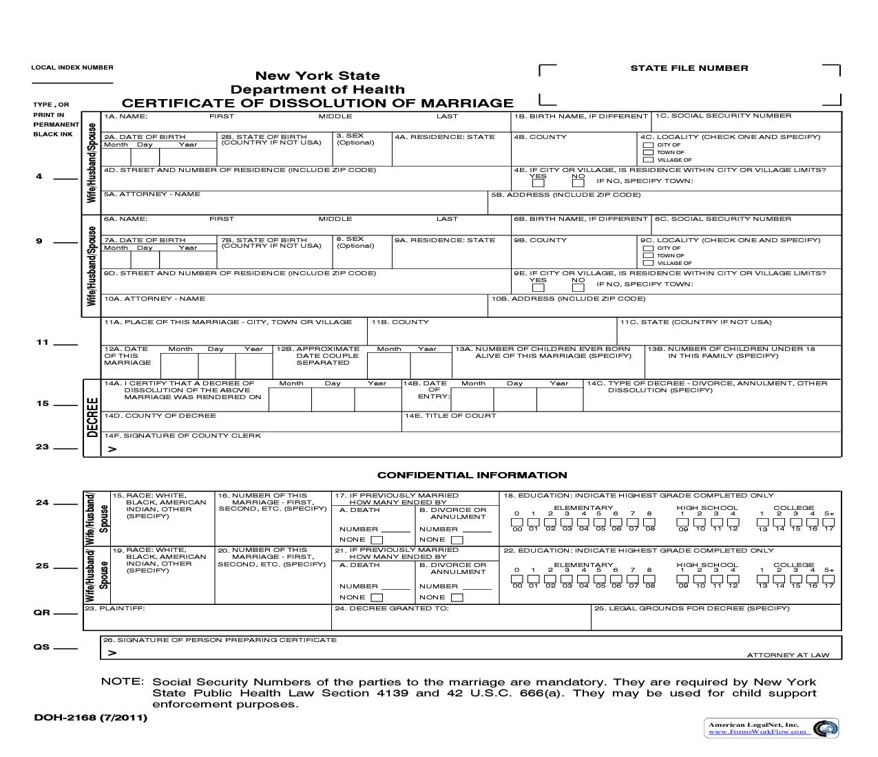 Certificate of Dissolution Of Marriage {DOH-2168} | Pdf Fpdf Doc Docx | New York