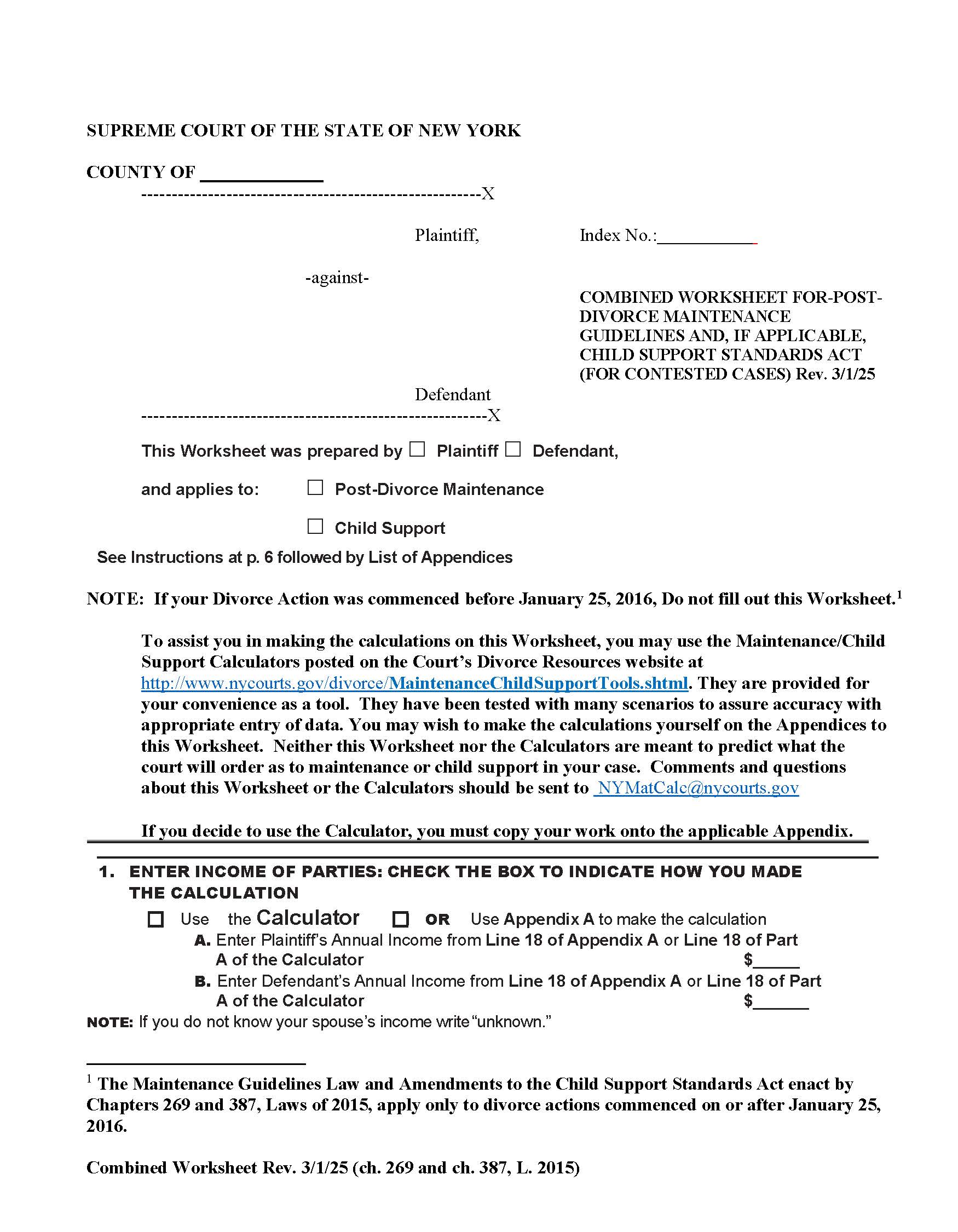 Combined Worksheet Post-Divorce Maintenance Guidelines CS Stds Act (Contested) | Pdf Fpdf Docx | New York