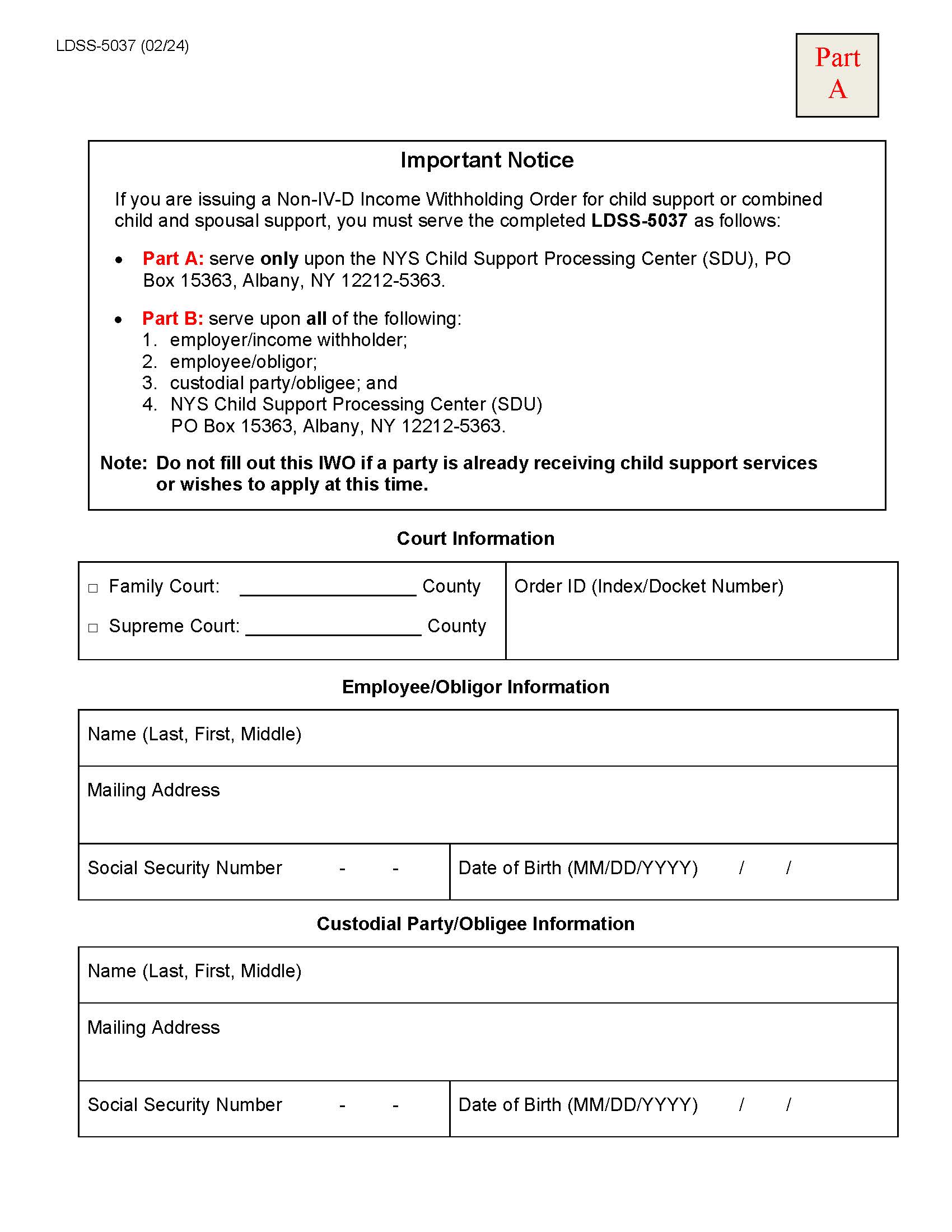 Income Withholding For Support (Non-IV-D b) {LDSS-5037} | Pdf Fpdf Docx | New York