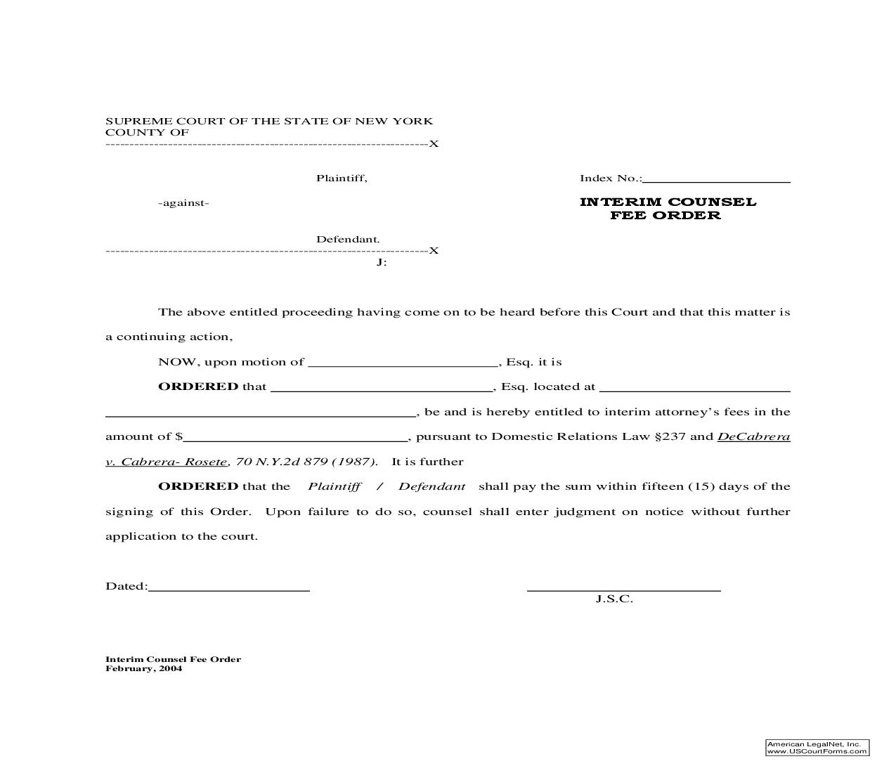 Interim Counsel Fee Order | Pdf Fpdf Doc Docx | New York
