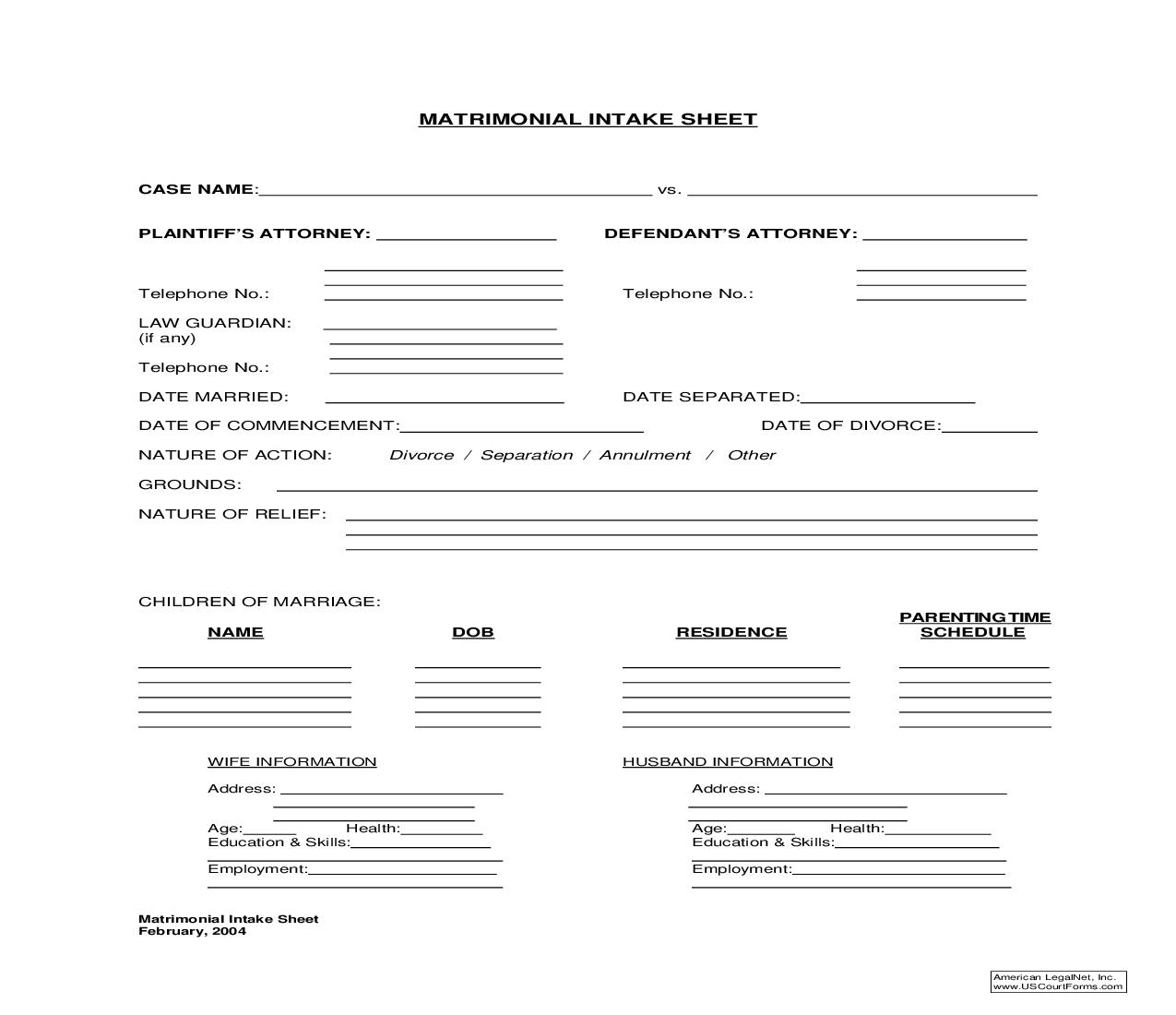 Matrimonial Intake Sheet | Pdf Fpdf Doc Docx | New York