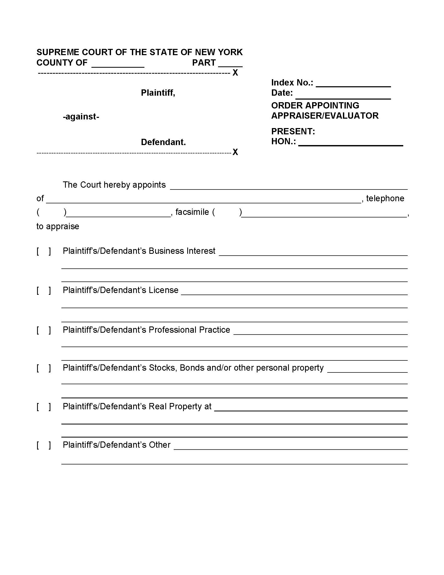 Order Appointing Appraiser-Evaluator | Pdf Fpdf Doc Docx | New York