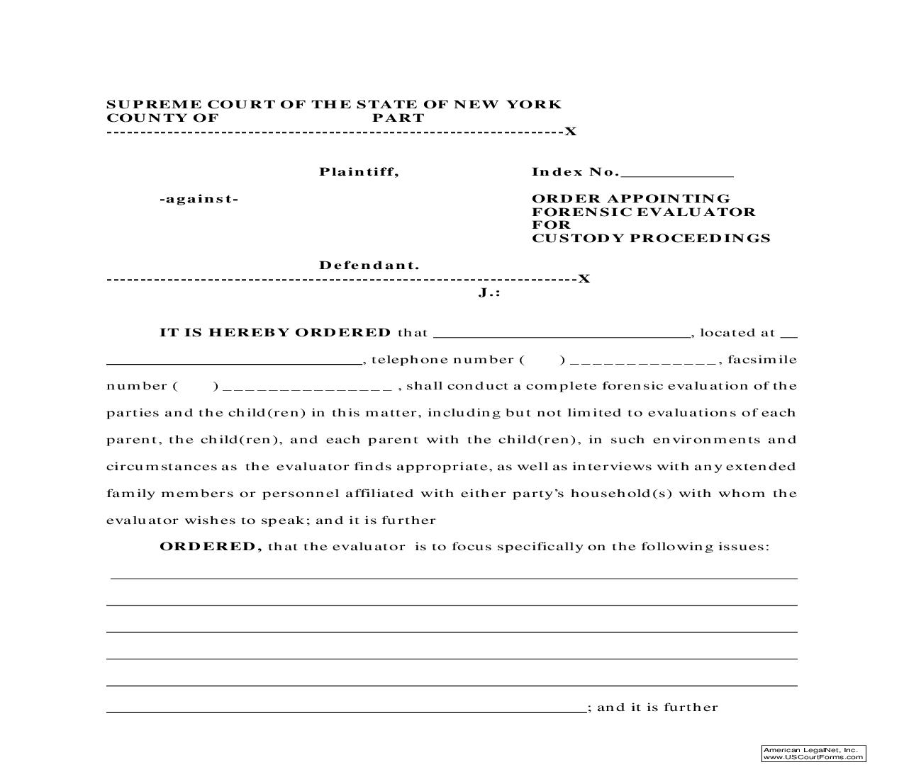 Order Appointing Forensic Evaluator For Custody Proceedings | Pdf Fpdf Doc Docx | New York