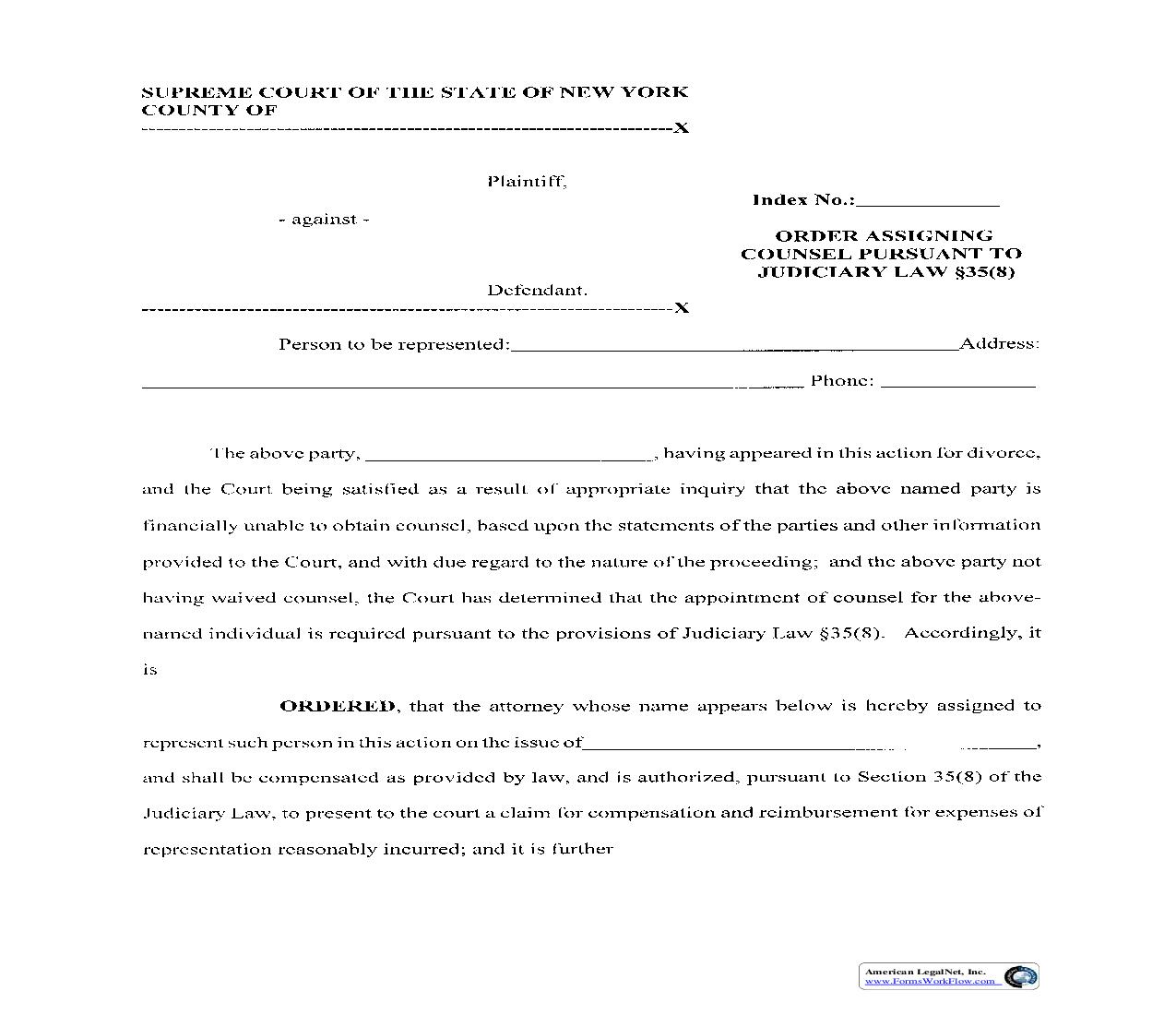 Order Assigining Counsel Pursuant To Judiciary Law Section 35(8) | Pdf Fpdf Doc Docx | New York