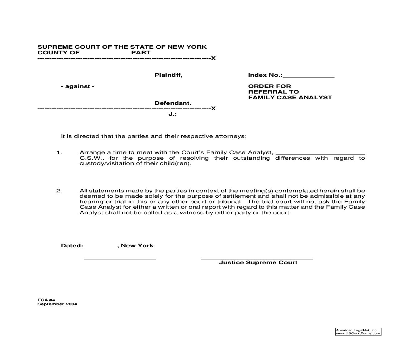 Order For Referral To Family Case Analyst {FCA-4} | Pdf Fpdf Doc Docx | New York