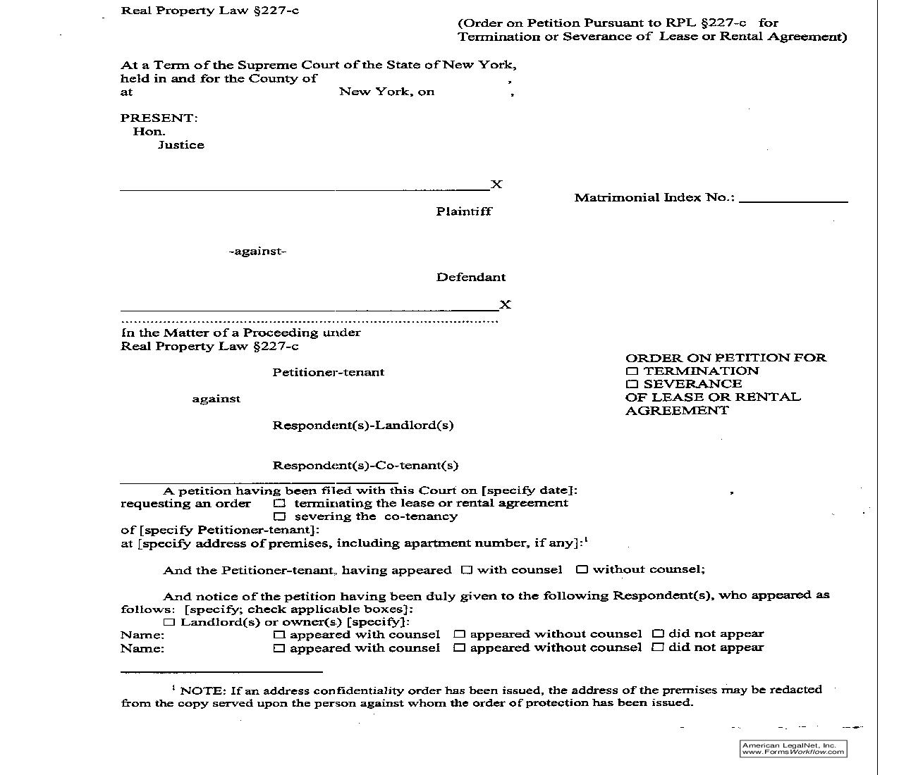 Order On Petition For Termination Or Severance Of Lease Or Rental Agreement | Pdf Fpdf Doc Docx | New York