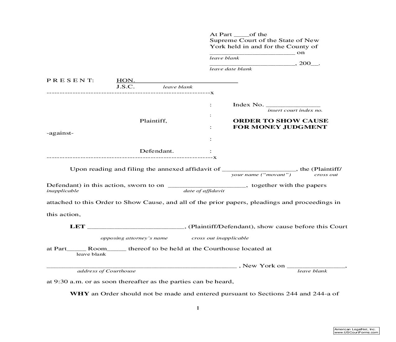 Order To Show Cause For Money Judgment | Pdf Fpdf Doc Docx | New York