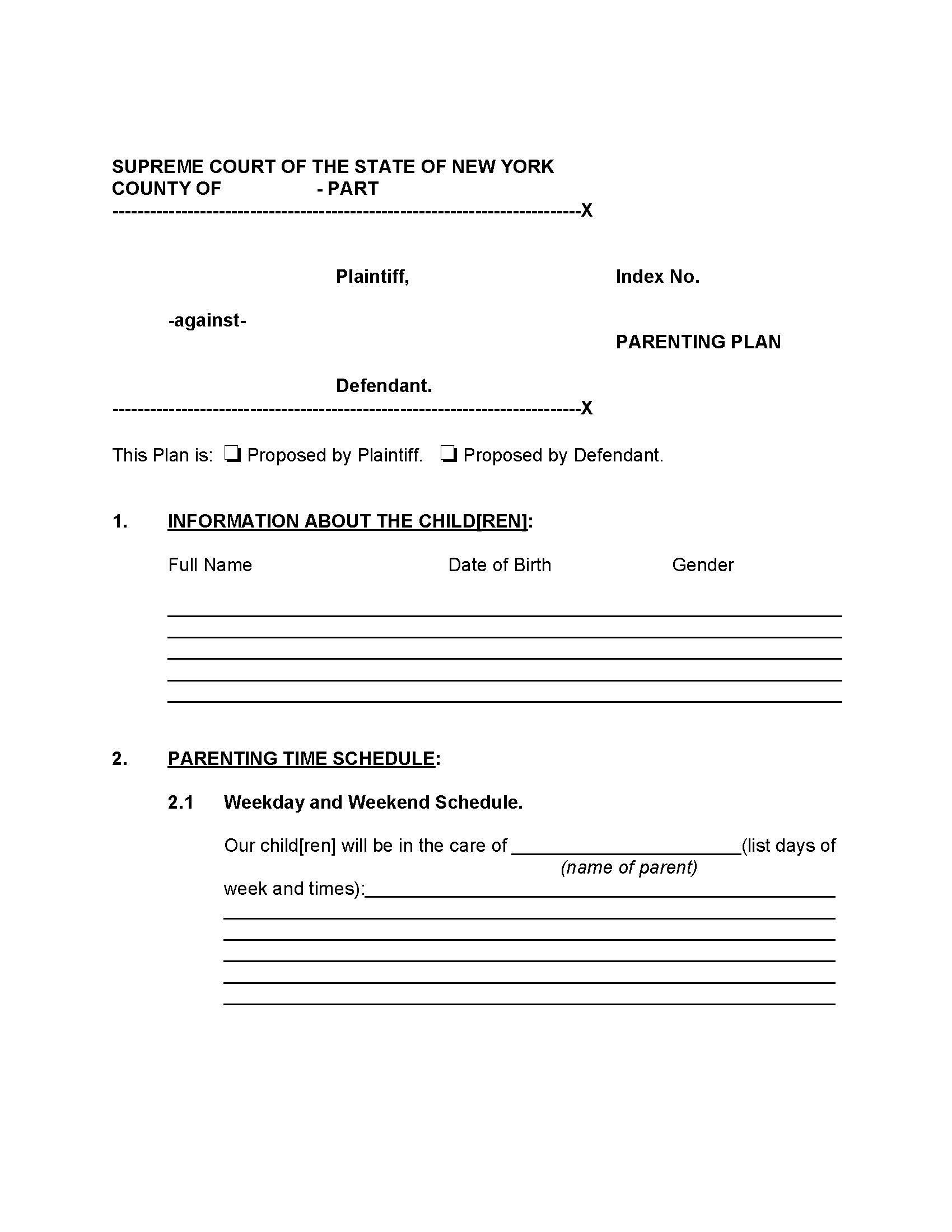 Parenting Plan | Pdf Fpdf Doc Docx | New York