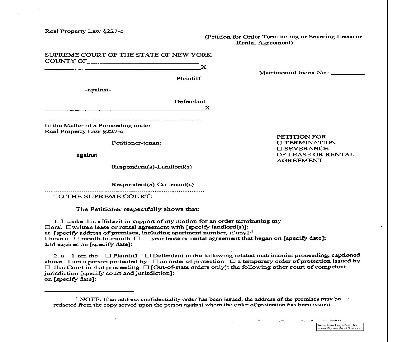 Petition For Termination Or Severance Of Lease Or Rental Agreement | Pdf Fpdf Doc Docx | New York