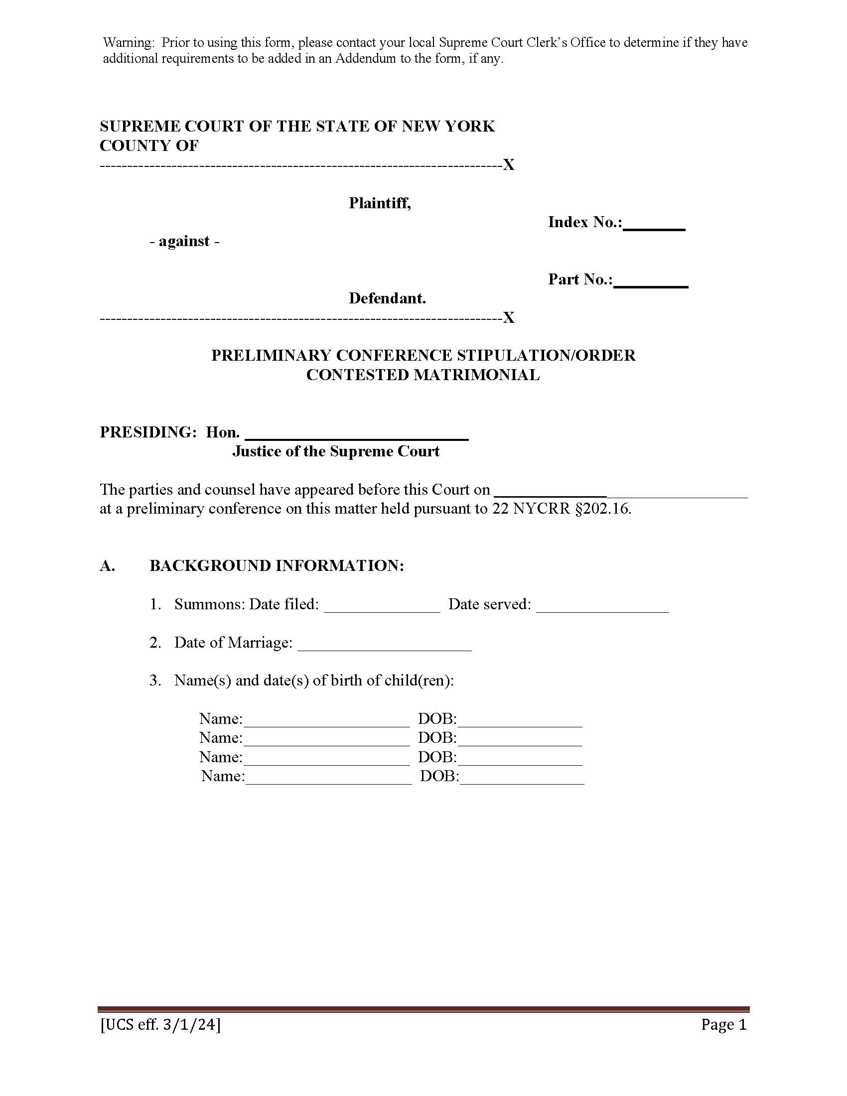 Preliminary Conference Stipulation-Order Contested Matrimonial | Pdf Fpdf Doc Docx | New York