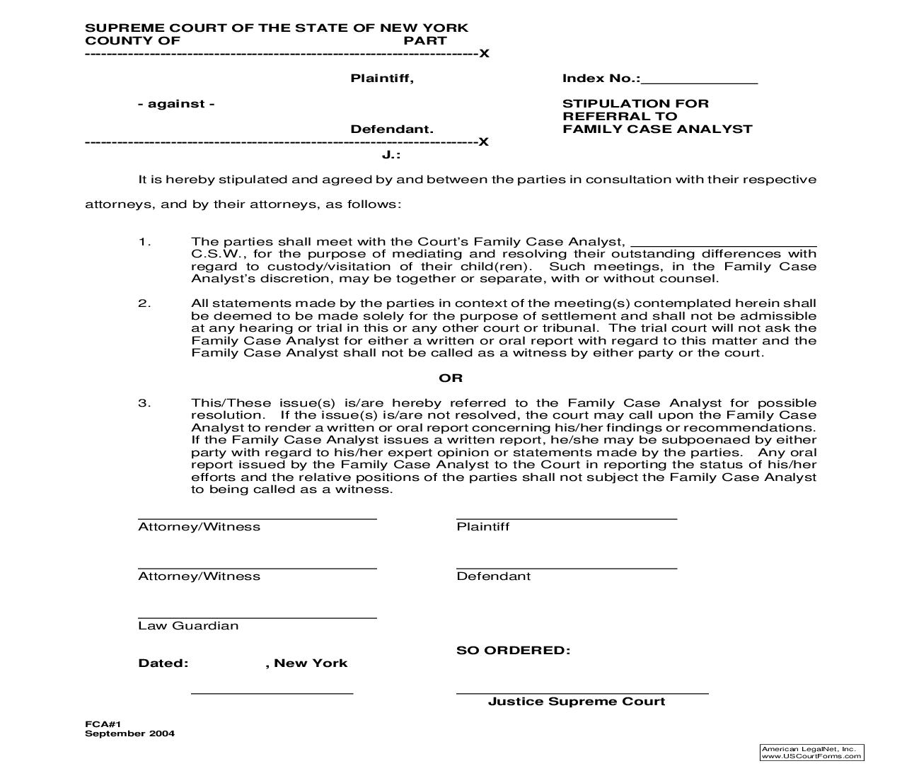Stipulation For Referral To Family Case Analyst {FCA-1} | Pdf Fpdf Doc Docx | New York