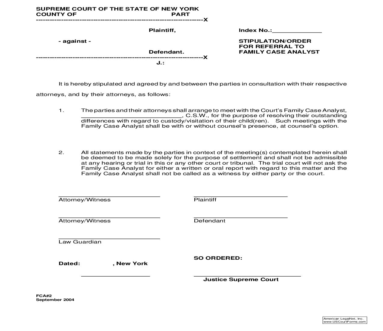 Stipulation-Order For Referral To Family Case Analyst (Custody-Visitation) {FCA-2} | Pdf Fpdf Doc Docx | New York