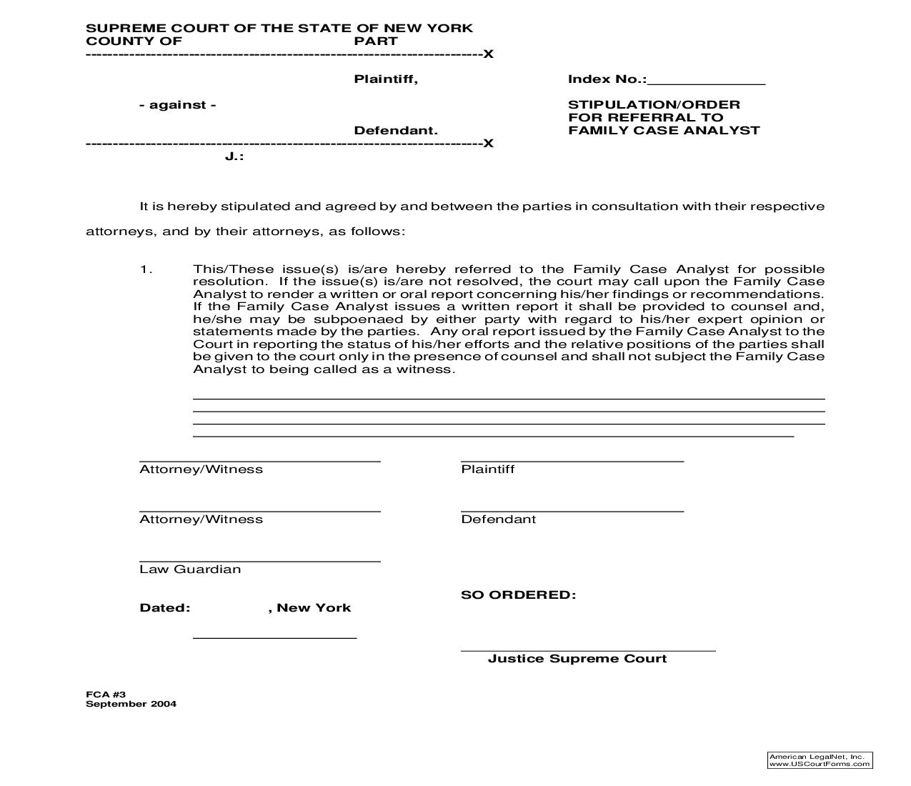 Stipulation-Order For Referral To Family Case Analyst (Issues To Be Resolved) {FCA-3} | Pdf Fpdf Doc Docx | New York