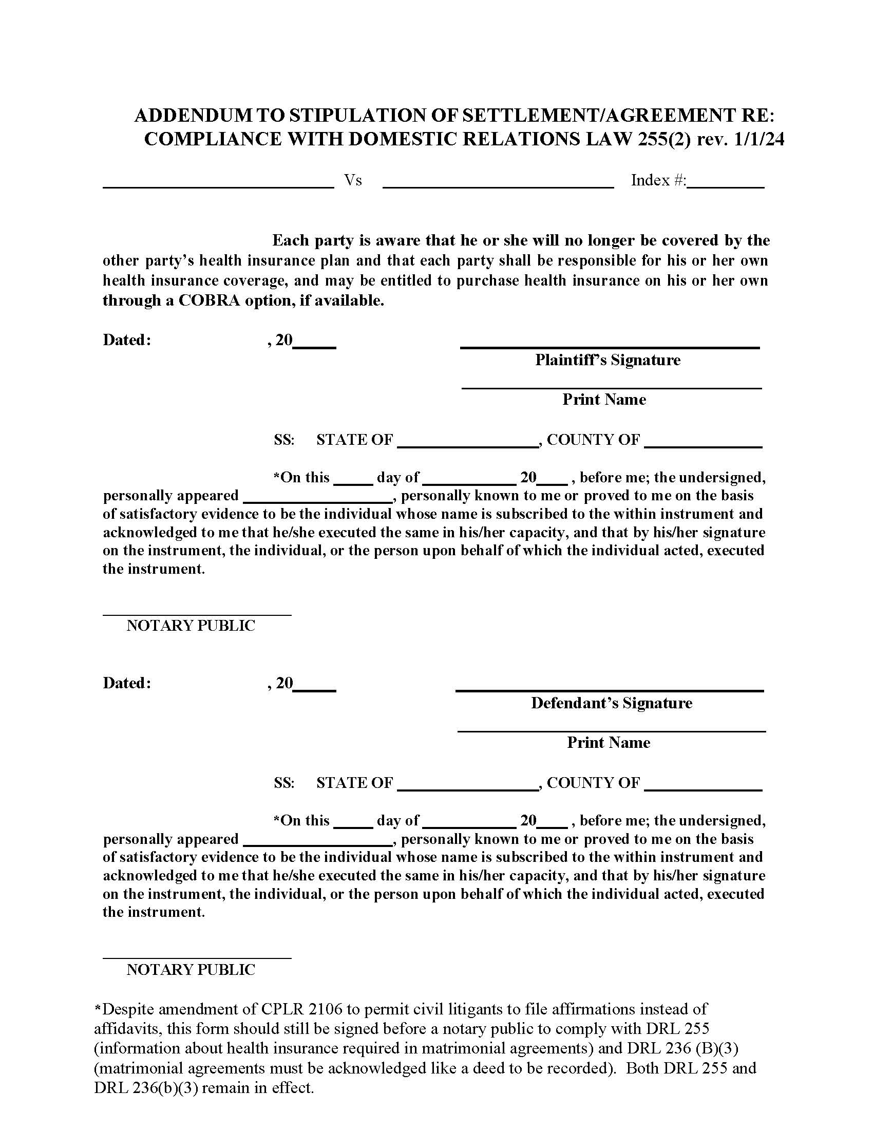 Addendum To Stipulation Of Settlement-Agreement Re Compliance With Domestic Relations Law 255(c) | Pdf Fpdf Doc Docx | New York