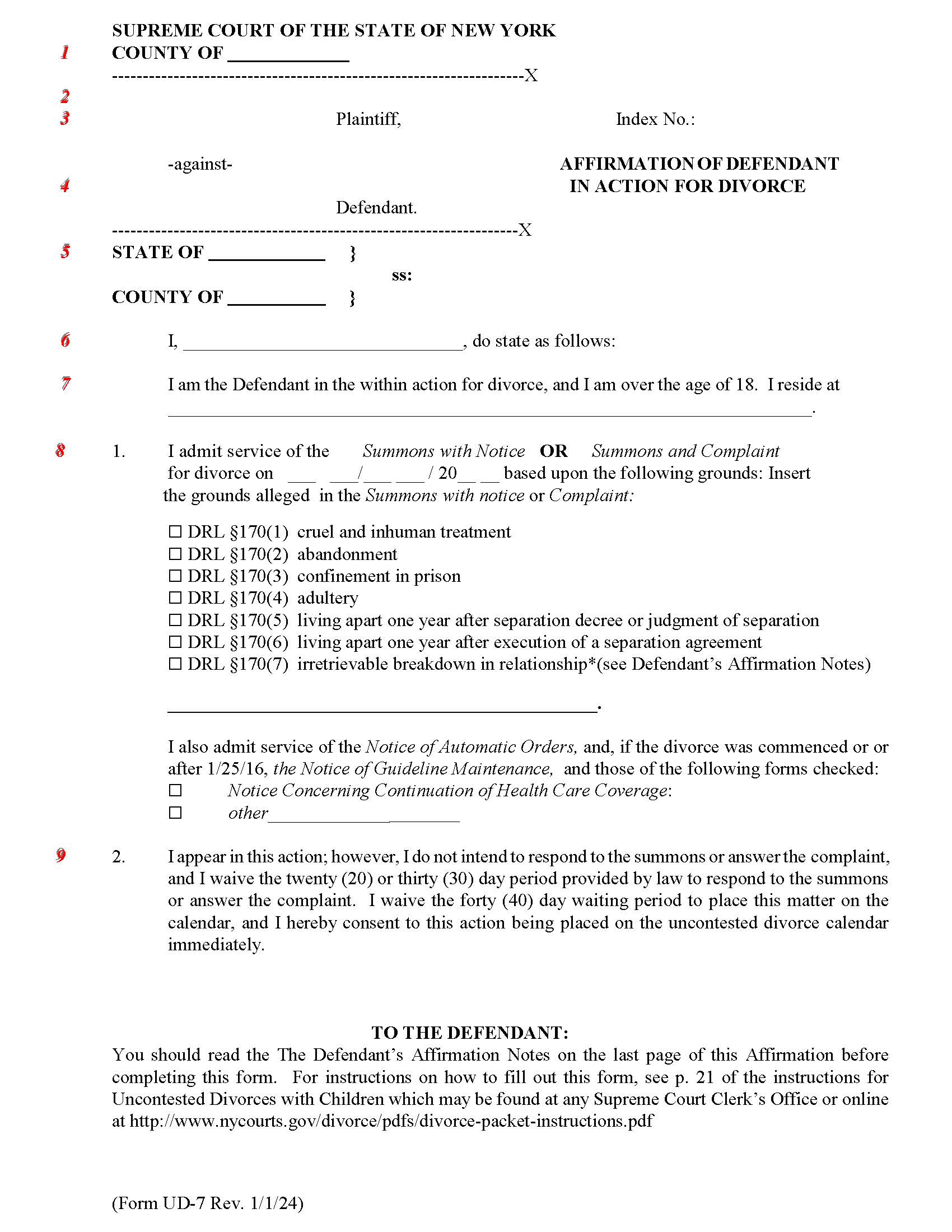 Affirmation Of Defendant In Action For Divorce {UD-7} | Pdf Fpdf Doc Docx | New York