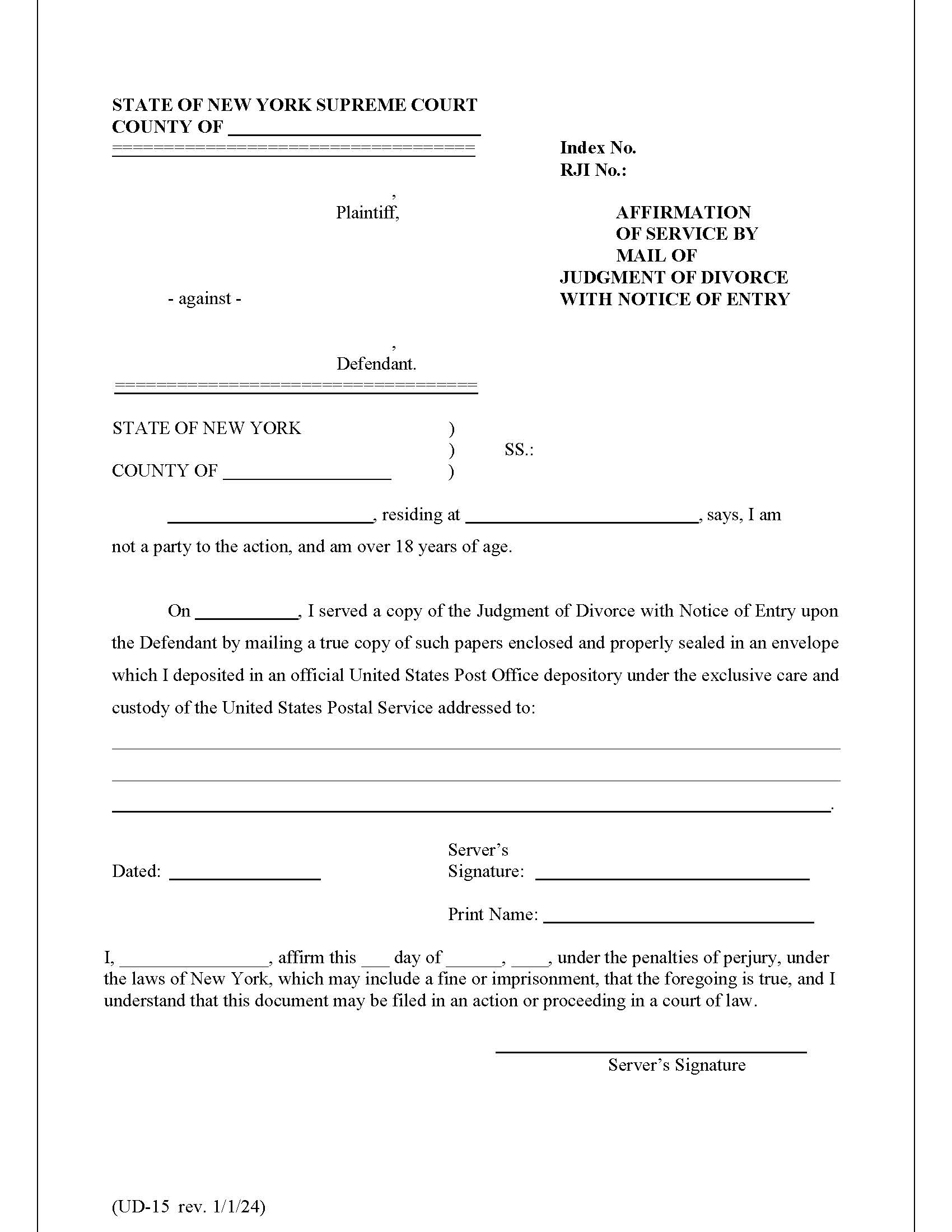 Affirmation Of Service By Mail Of Judgment Of Divorce With Notice Of Entry {UD-15} | Pdf Fpdf Doc Docx | New York