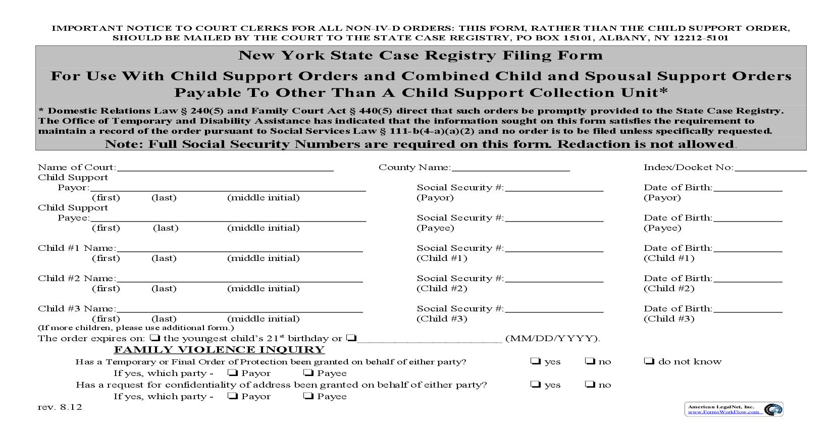New York State Case Registry Filing Form (For Use With Support Orders Payable To Other Than Child Support Collection Unit) | Pdf Fpdf Doc Docx | New York
