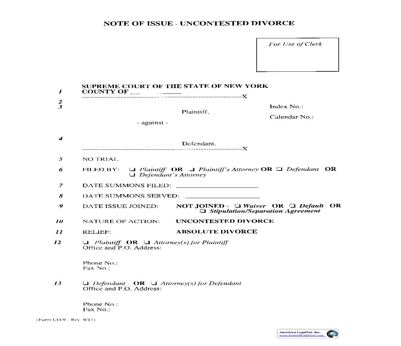 Note Of Issue-Uncontested Divorce {UD-9} | Pdf Fpdf Doc Docx | New York
